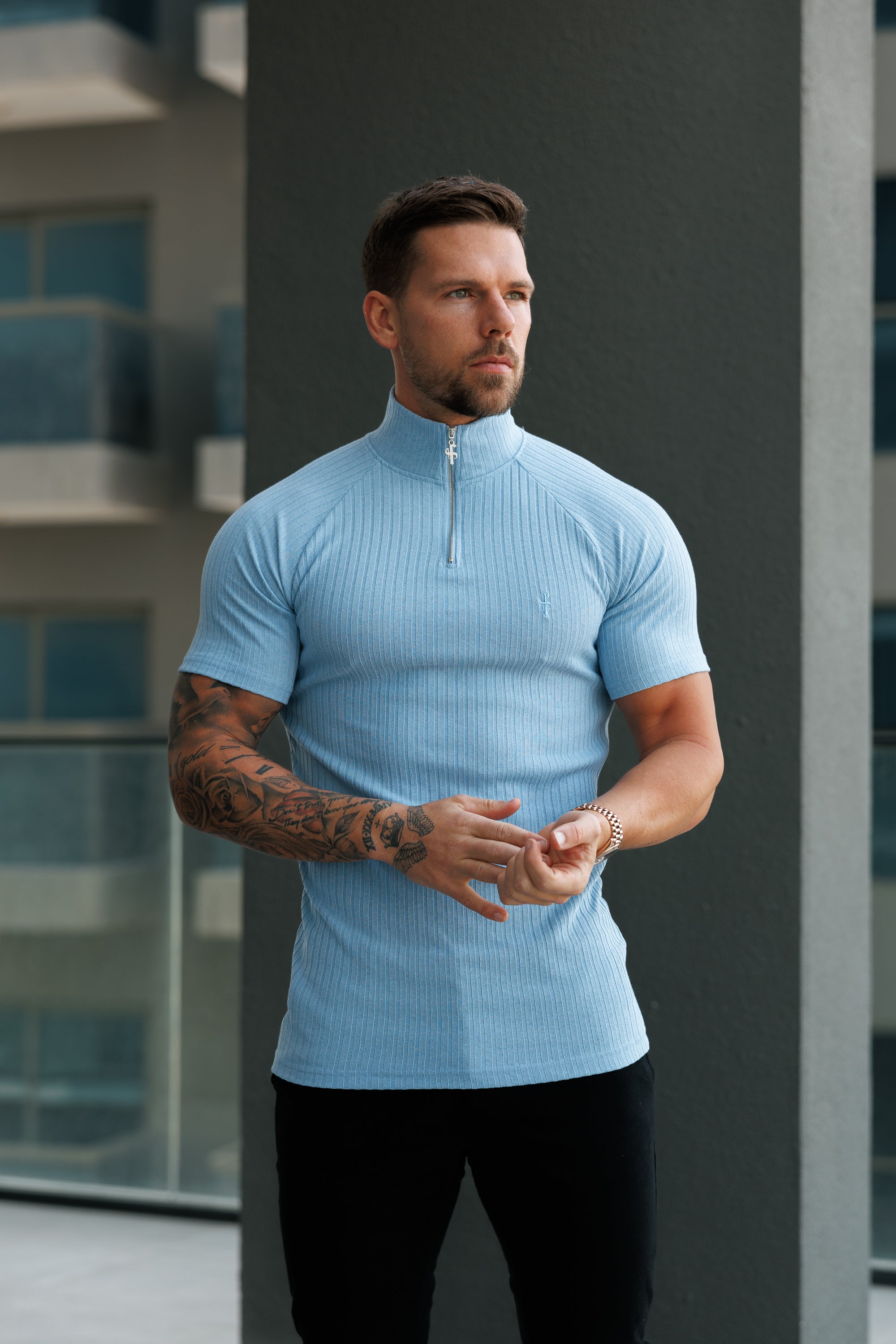 Classic Light Blue Ribbed Zip Funnel Neck Raglan Short Sleeve Crew - FSH1291