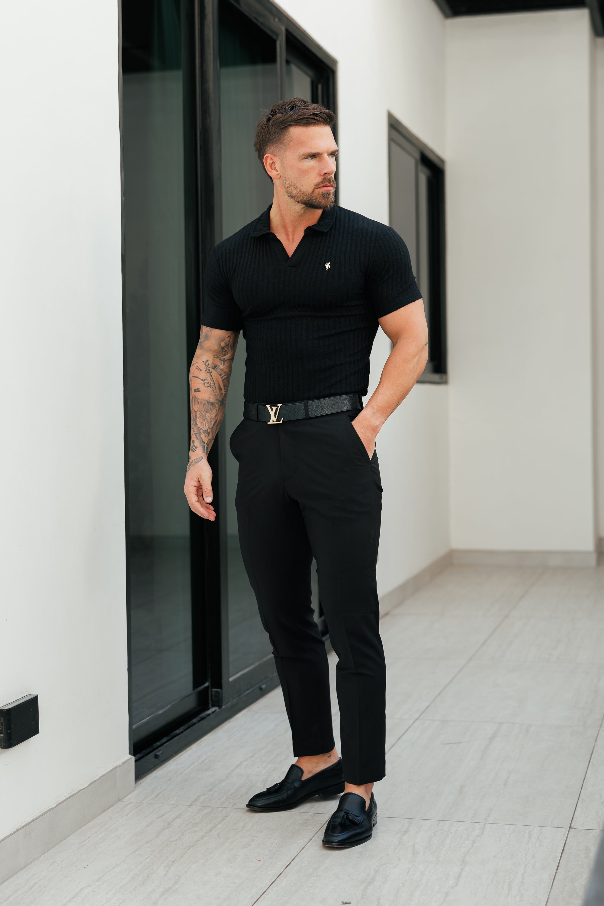 Black / Gold Ribbed Revere Short Sleeve Polo Shirt - FSH1411