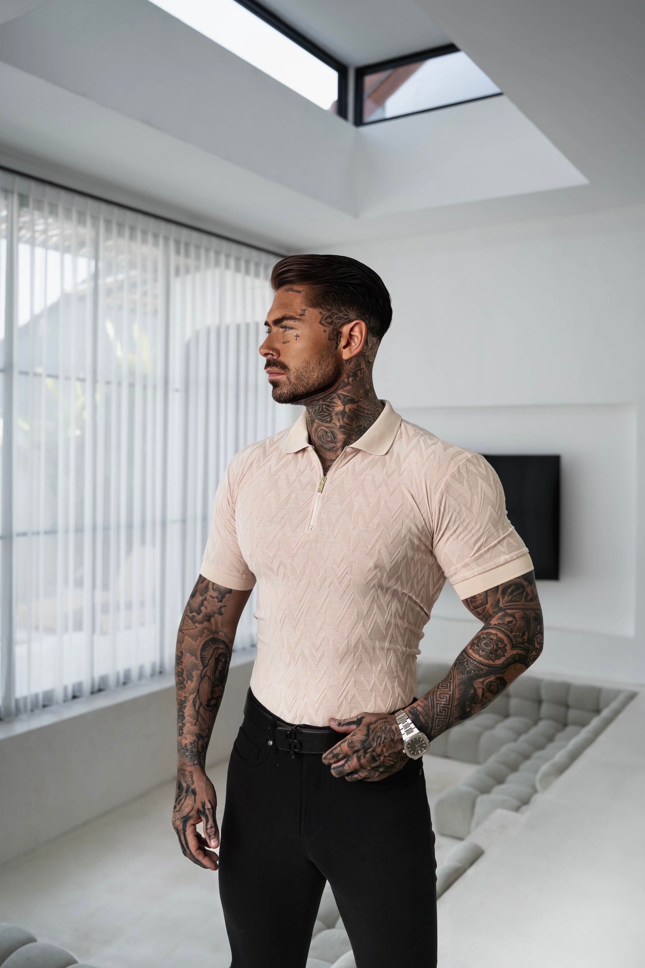 Classic Jacquard Beige Chevron Zipped Polo - FSR023