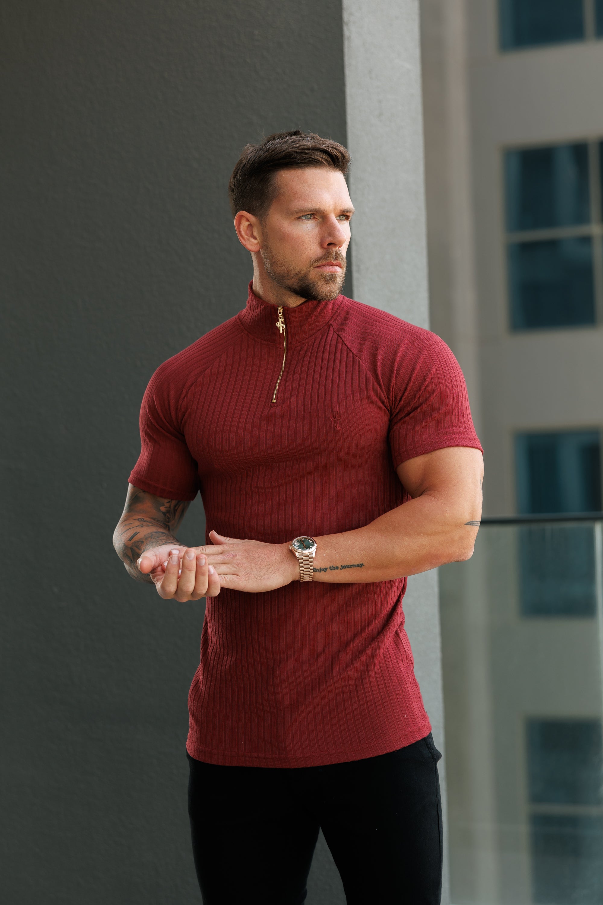 Classic Burgundy Ribbed Zip Funnel Neck Raglan Short Sleeve Crew - FSH1293