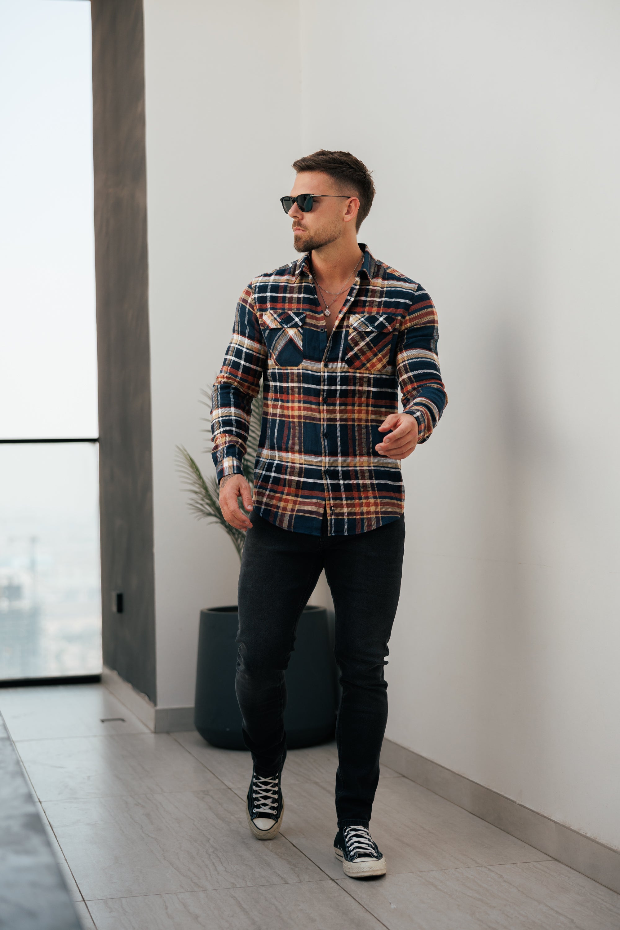 Navy / Tan Check Shacket With Double Pockets - FS1197