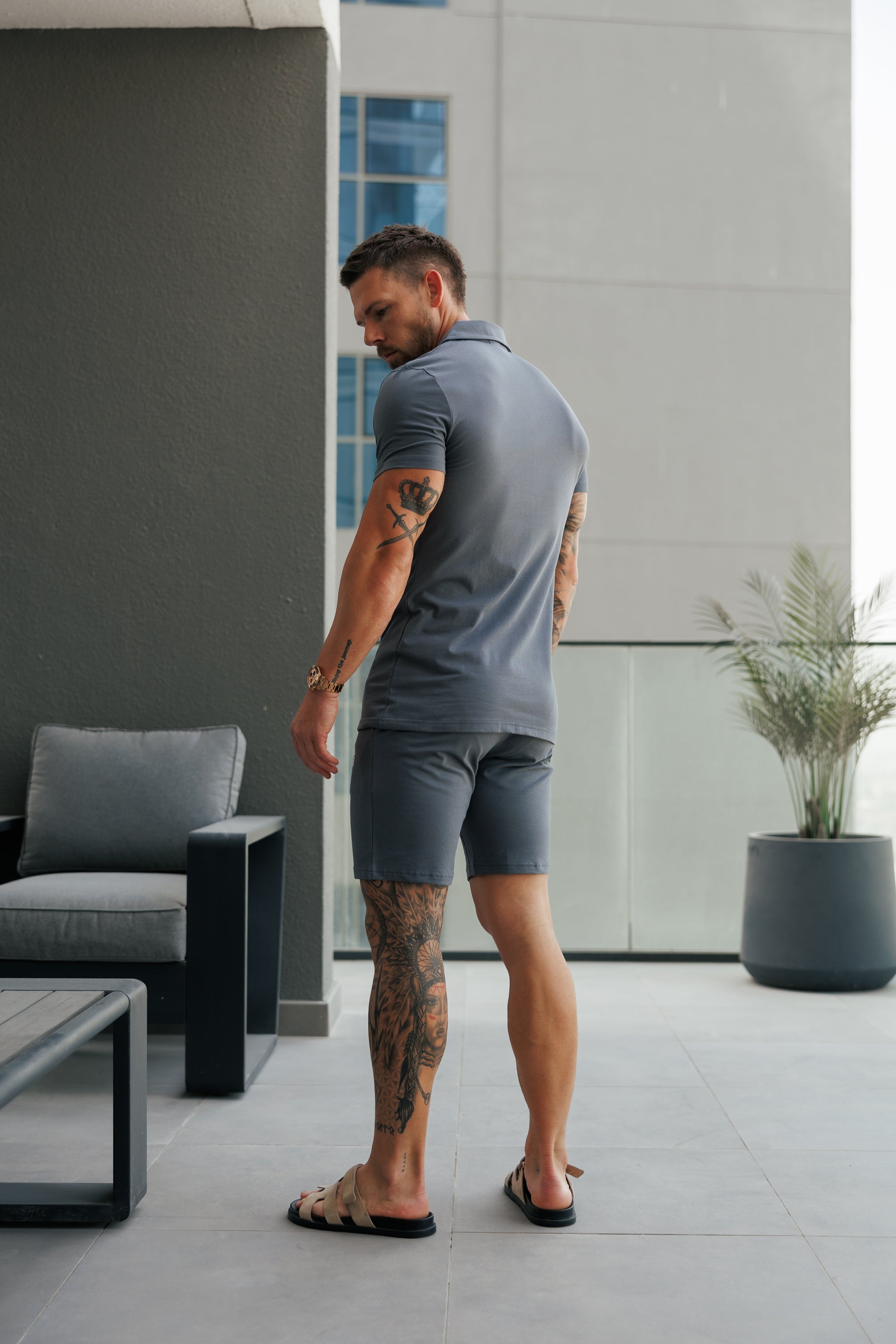 Stretch Charcoal / Silver Pique Revere Shirt Short Sleeve - FSH1358