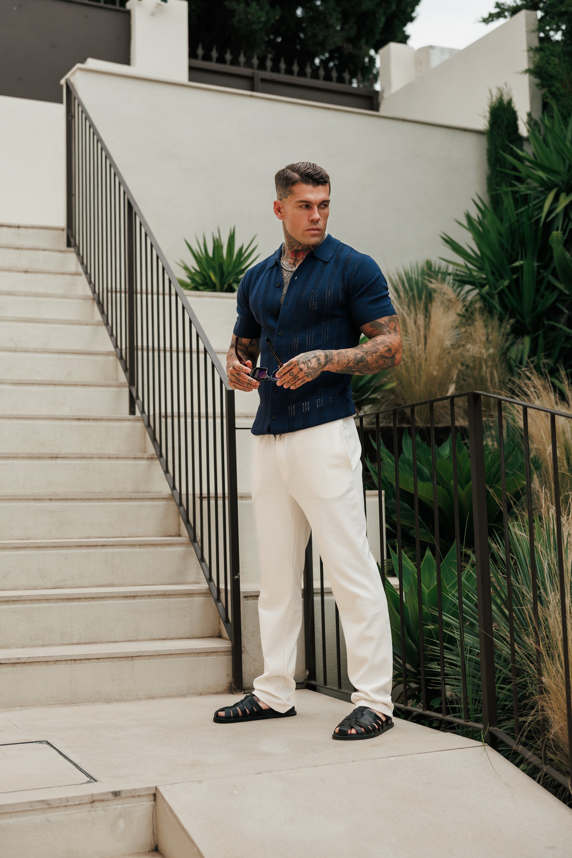Navy Stripe Perforated Shirt Short Sleeve - FSA020 (PRE ORDER 31ST AUGUST)