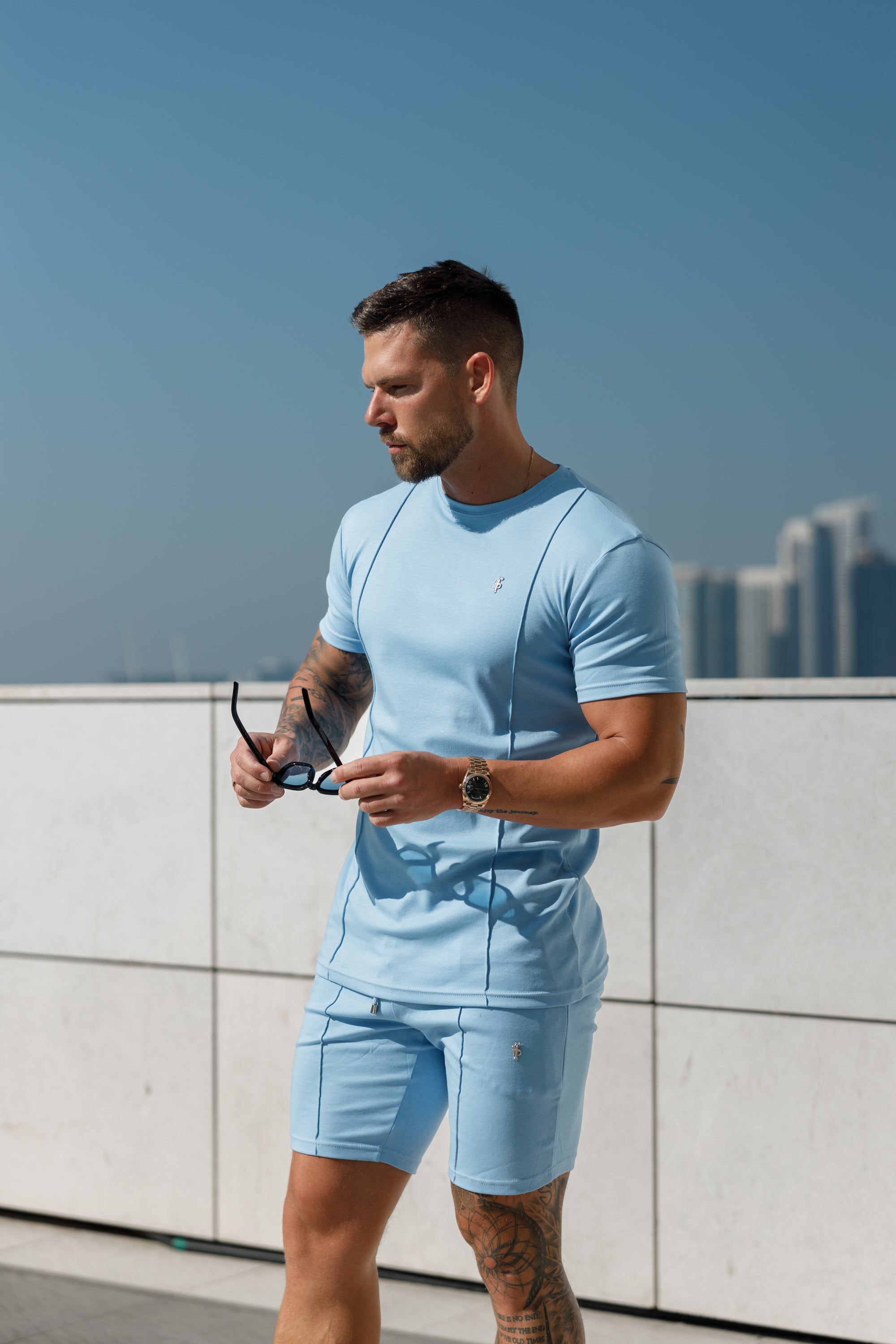 Light Blue / Silver Crew T Shirt With Pintuck Detail - FSH1051