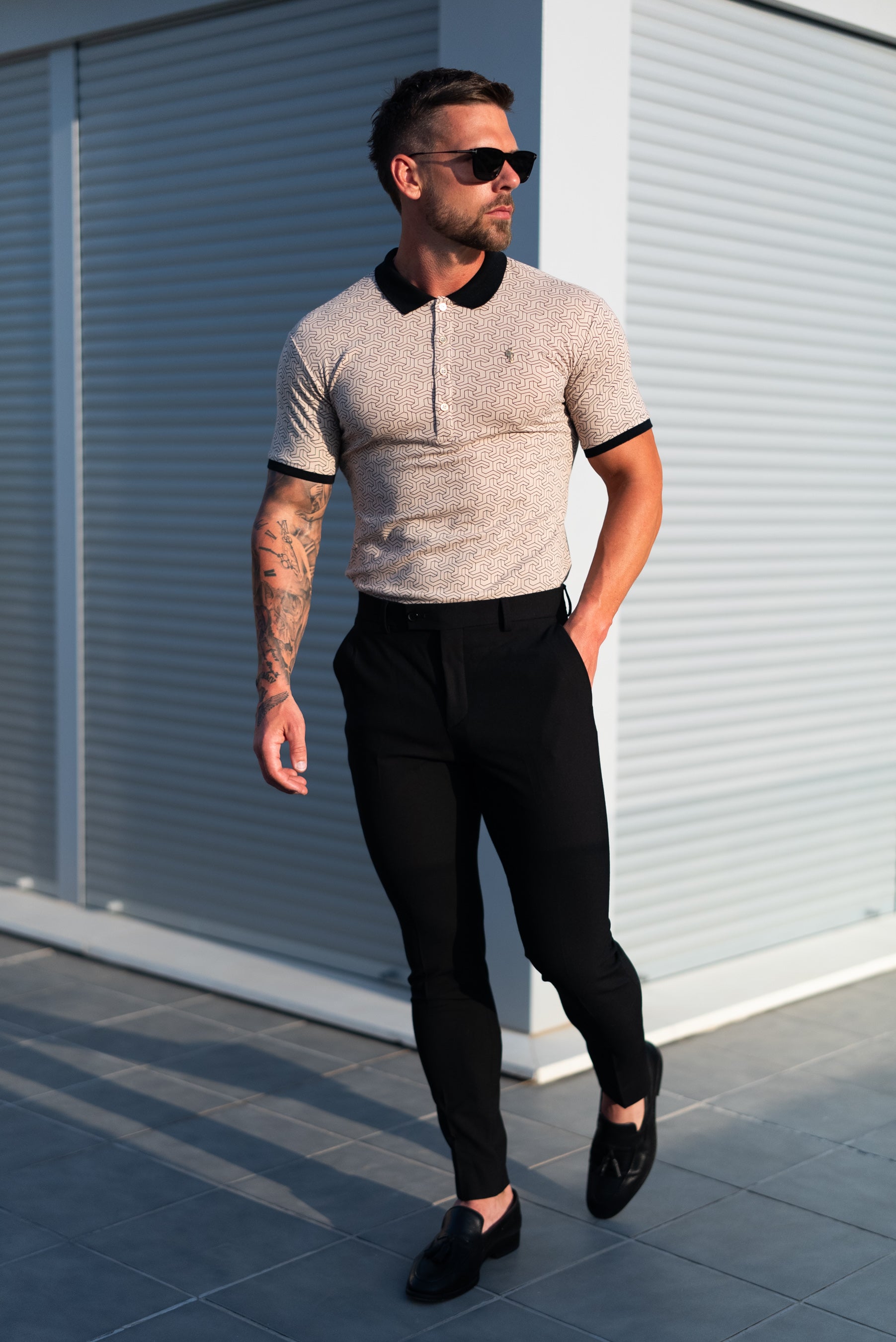 Black / Beige Geo Printed Polo Shirt - FSH1234