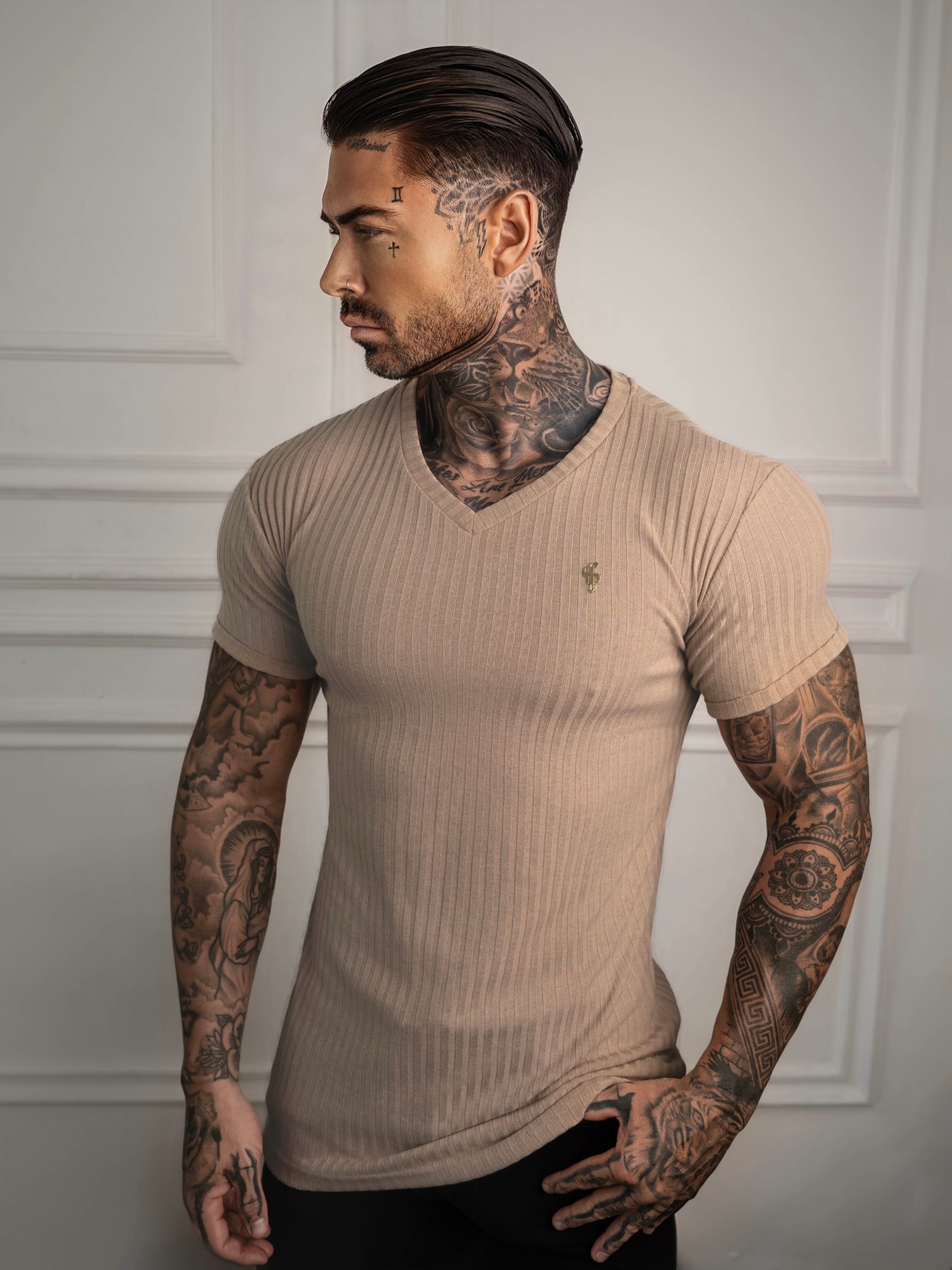 Super Slim Beige / Gold V Neck Ribbed Crew - FSH1366