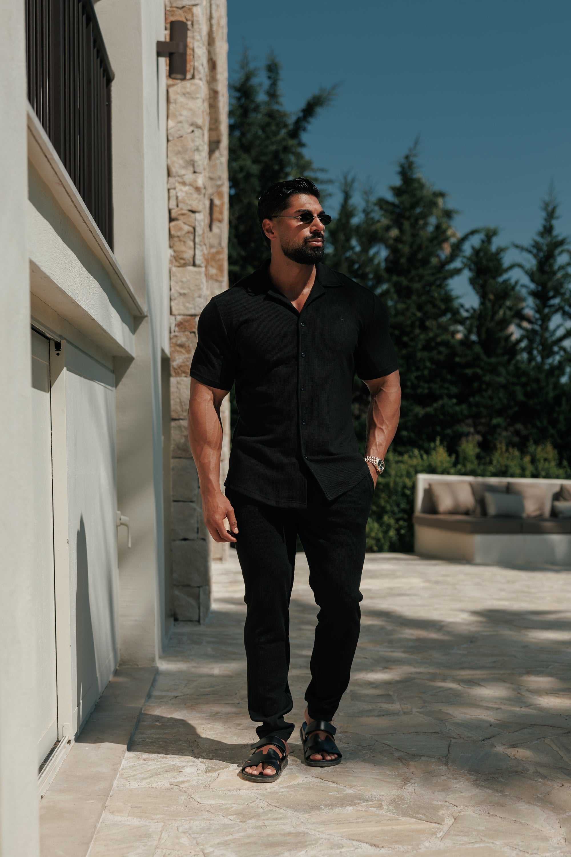 Jersey Cord Stretch Black Revere Shirt Short Sleeve - FSR070 (PRE ORDER 30TH JUNE)