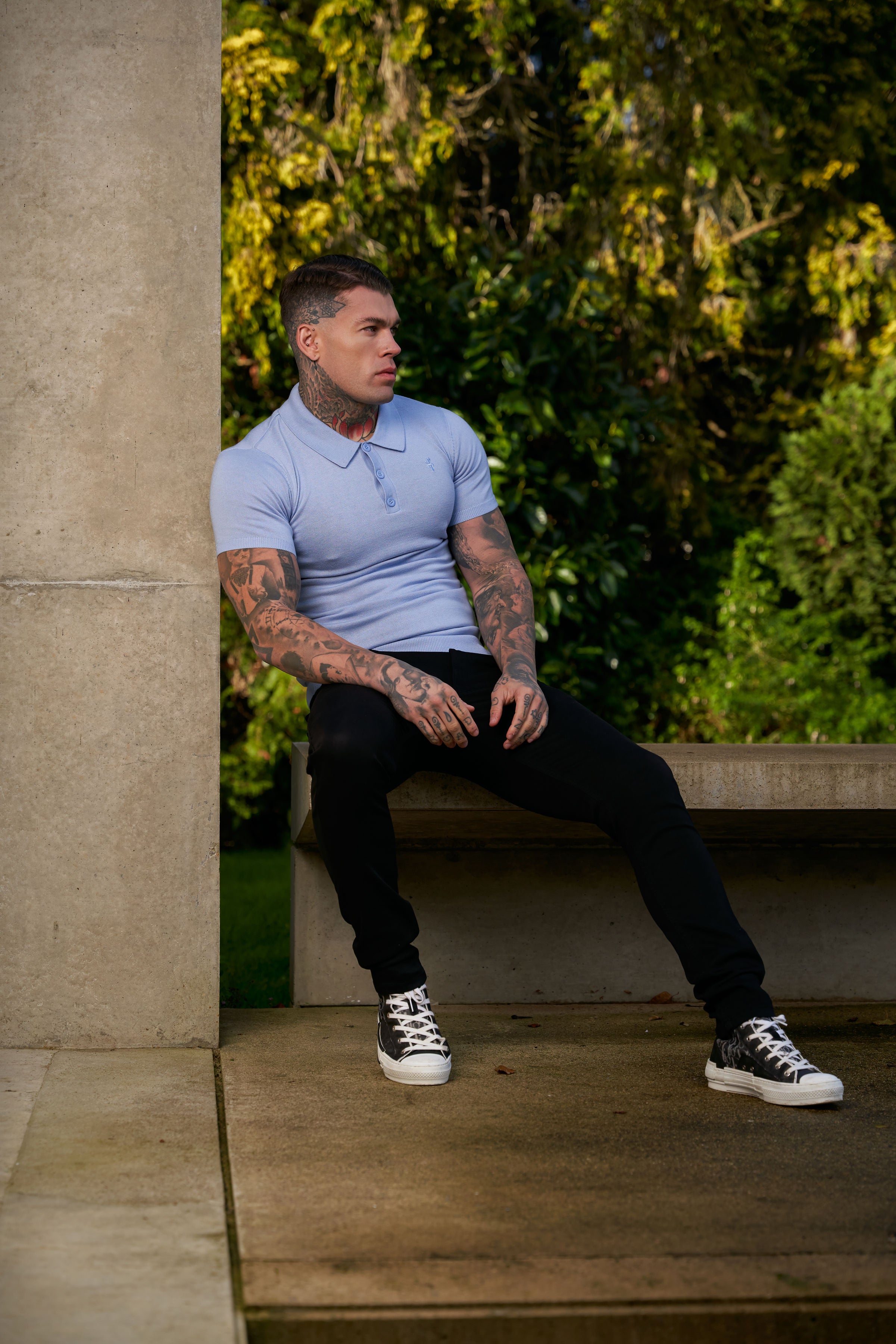 Classic Pale Blue Knitted Polo Jumper Short Sleeve With Tonal FS Embroidery- FSN146