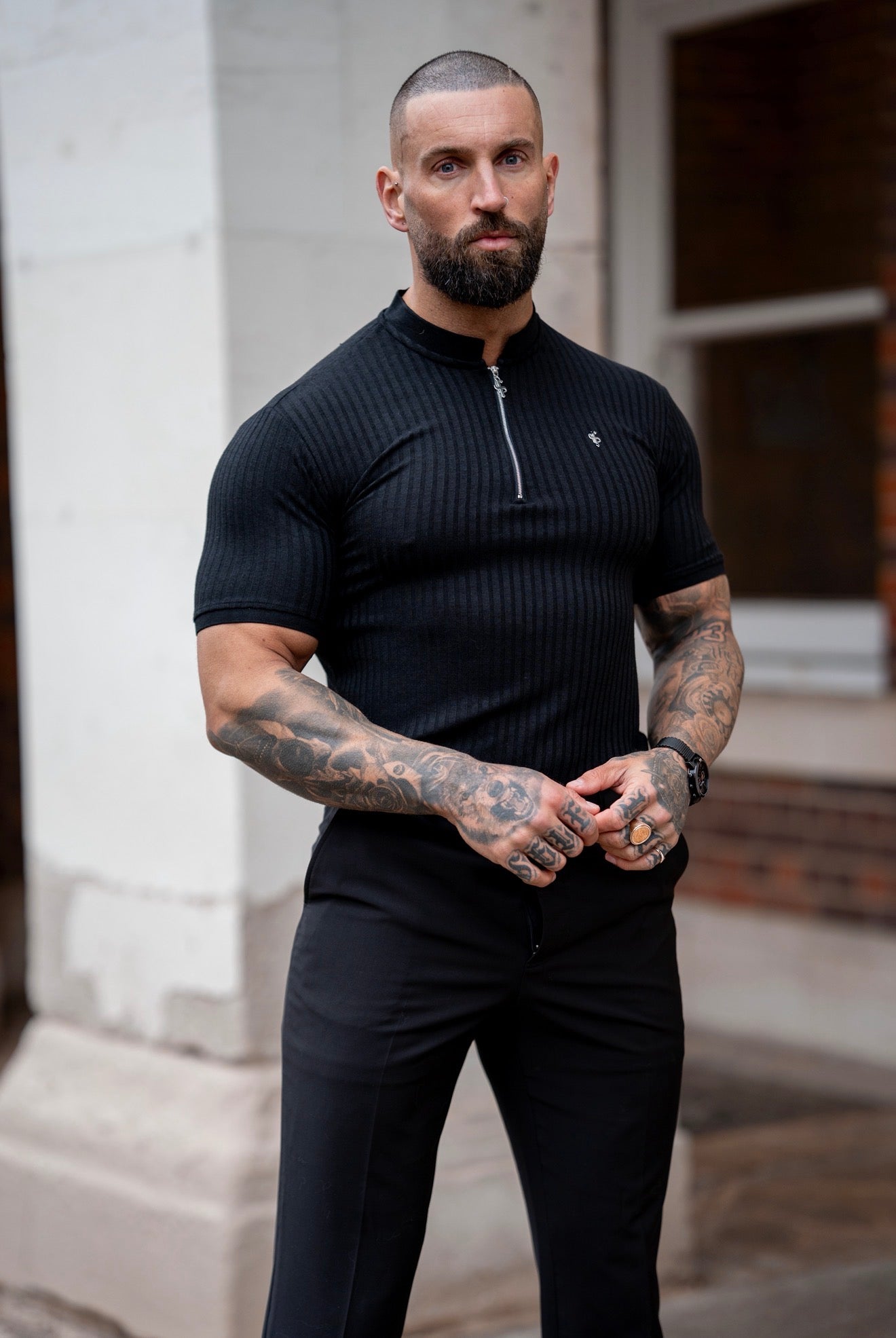 Super Slim Black / Silver Ribbed Zip Grandad Collar Shirt Short Sleeve - FSH1445
