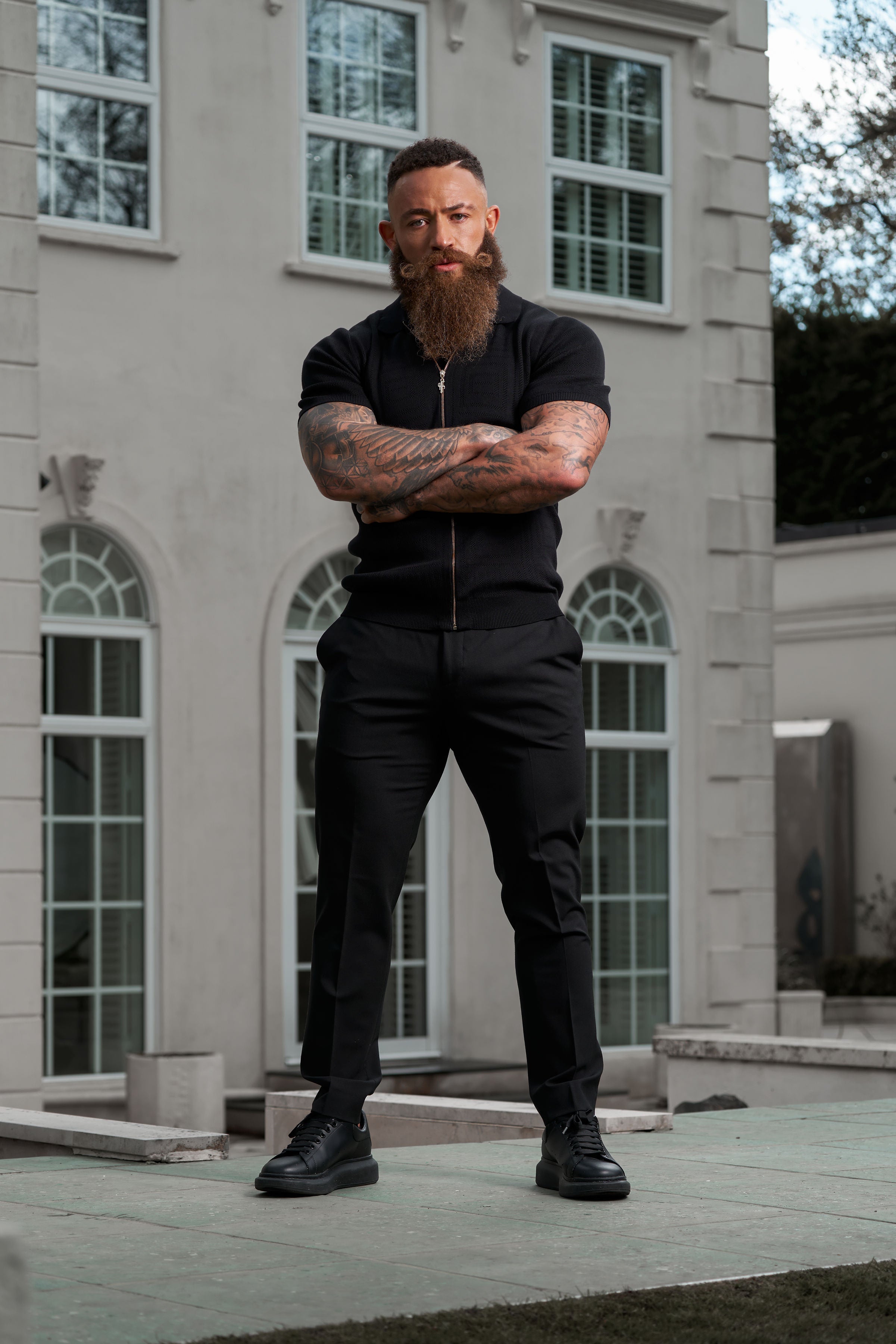 Classic Knitted Geo Design With Full Length Zip Black Short Sleeve - FSN147