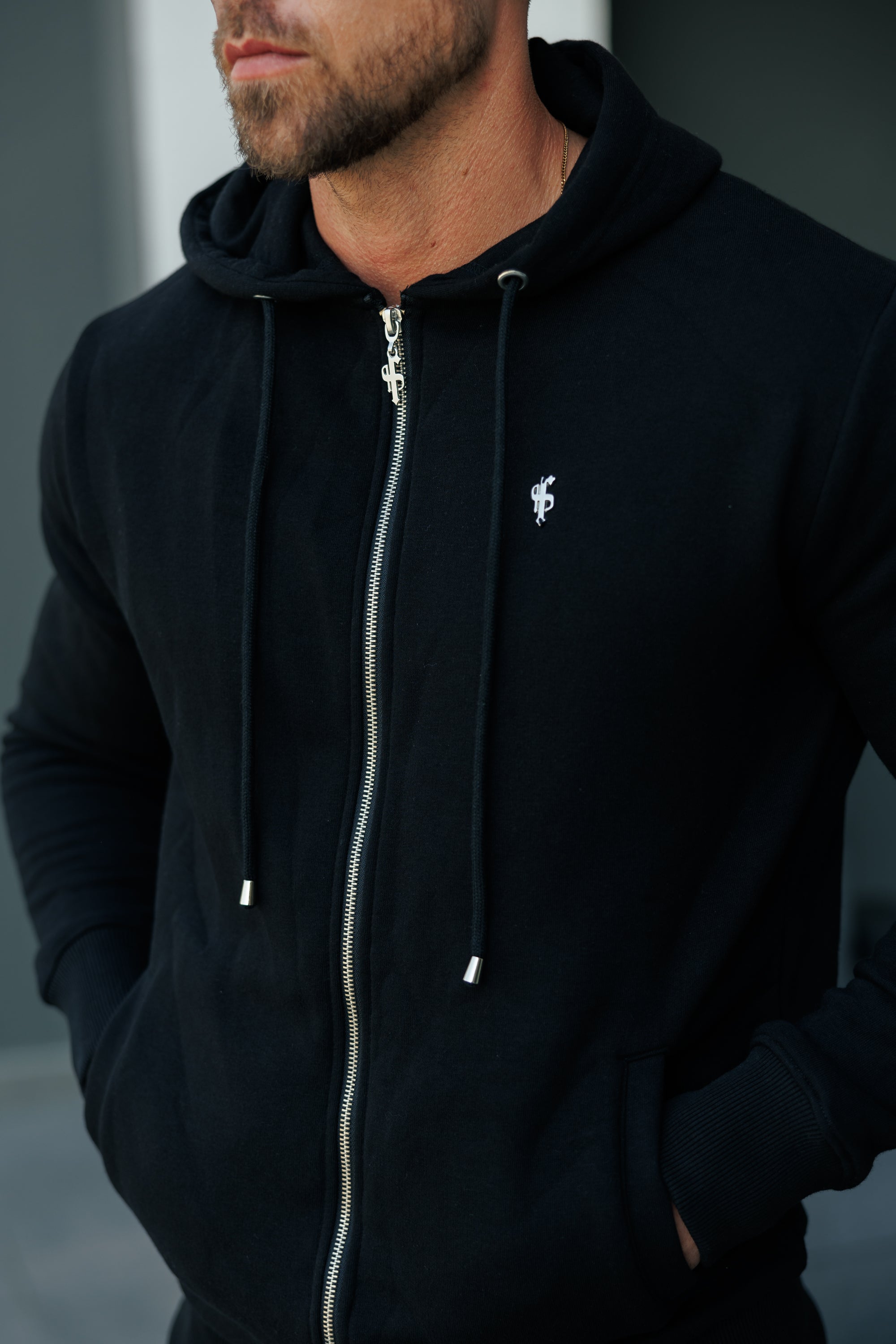 Black / Silver Full Zip Hoodie with Pockets - FSH1247