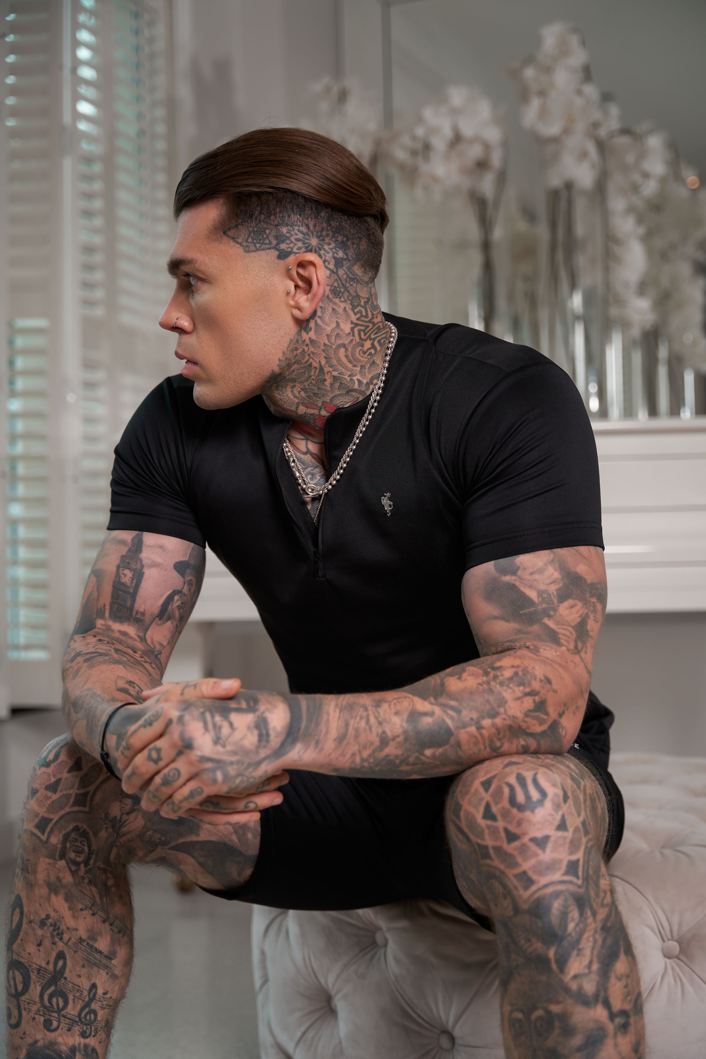 Scuba Black / Silver Crew T Shirt With Zip Detail Short Sleeve - FSH1032