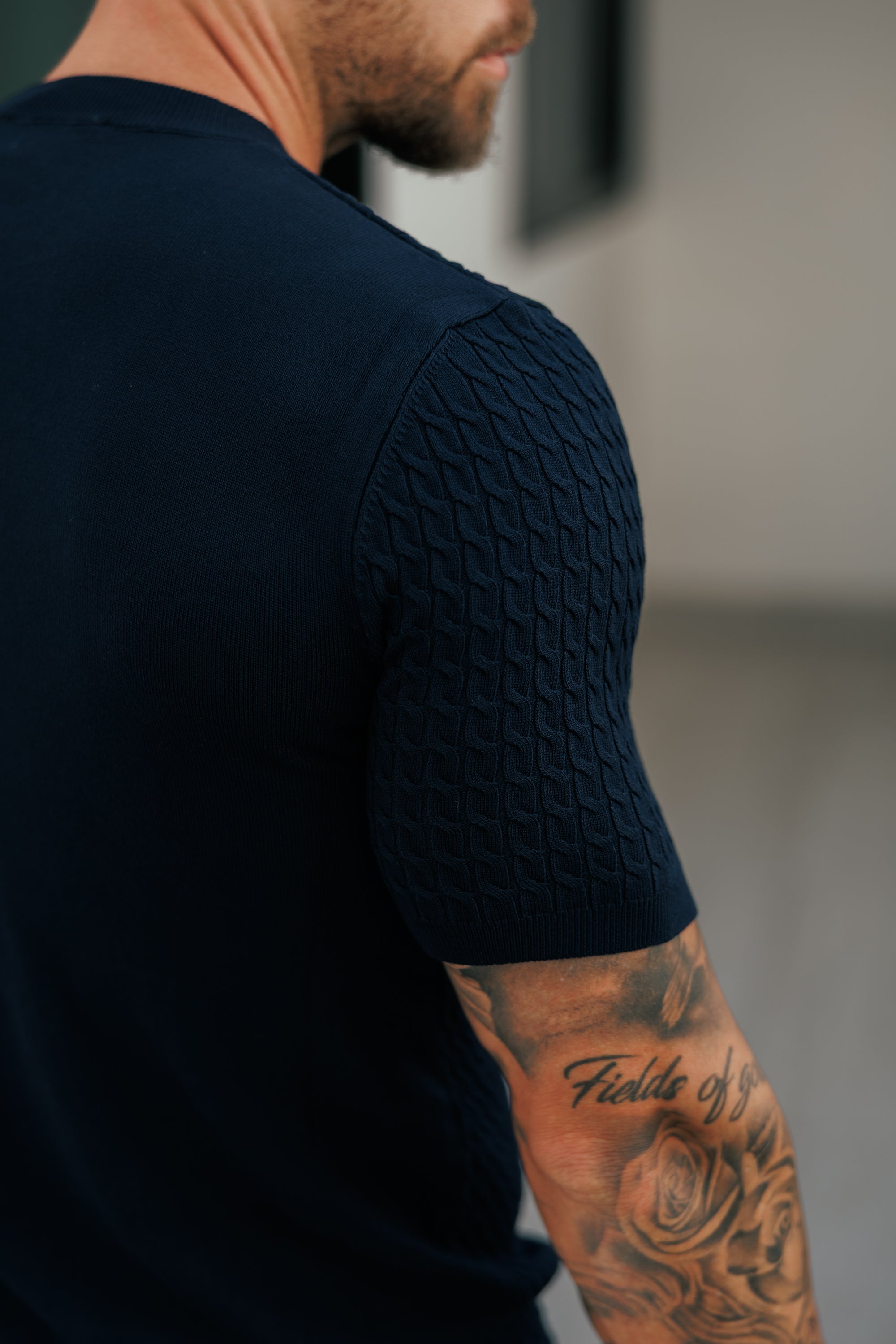 Front Chain Knit Crew Tshirt Navy Short Sleeve - FSR054