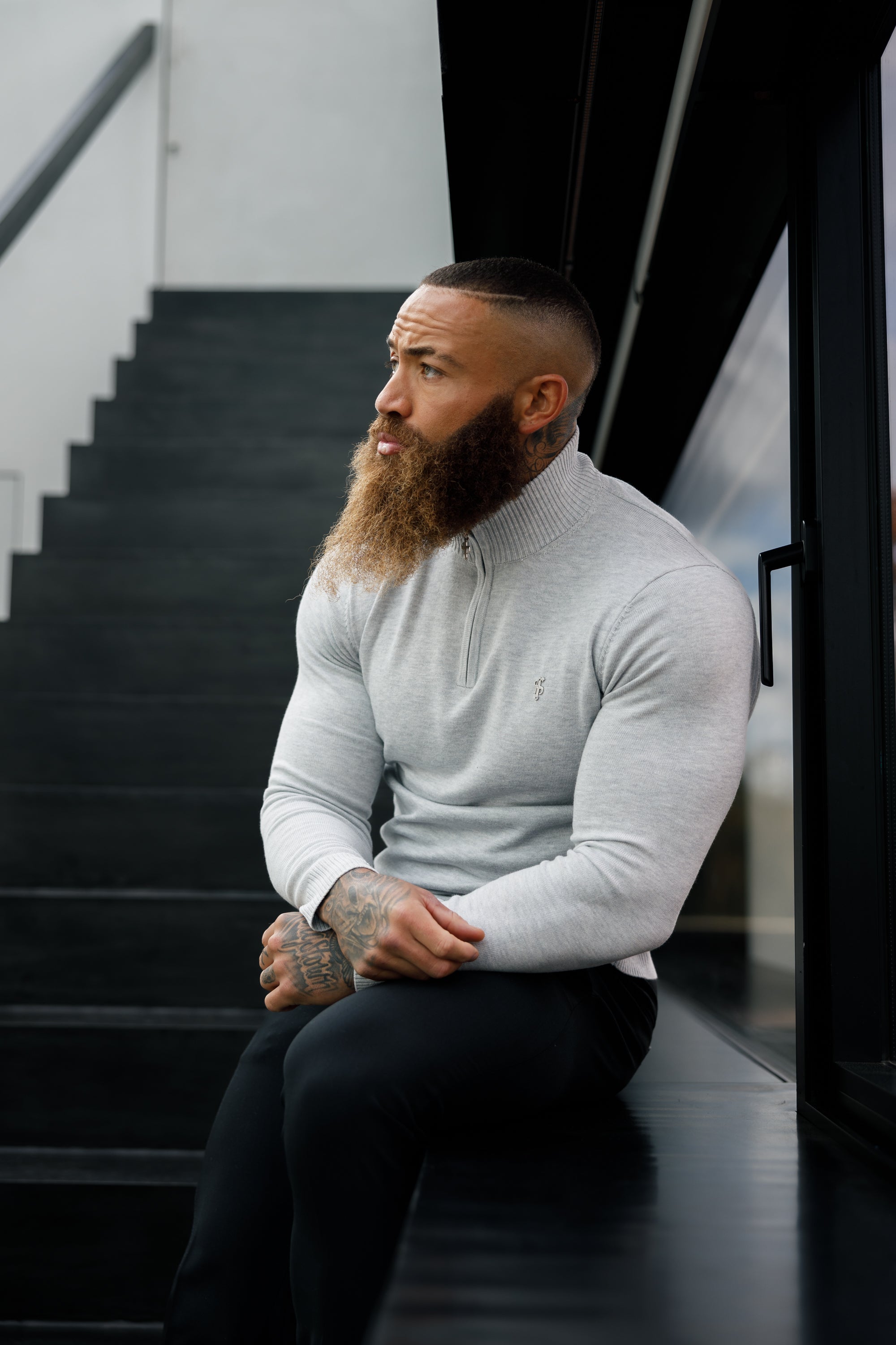 Grey Marl Funnel Neck 1/2 Zip Knitted Jumper - FSN124