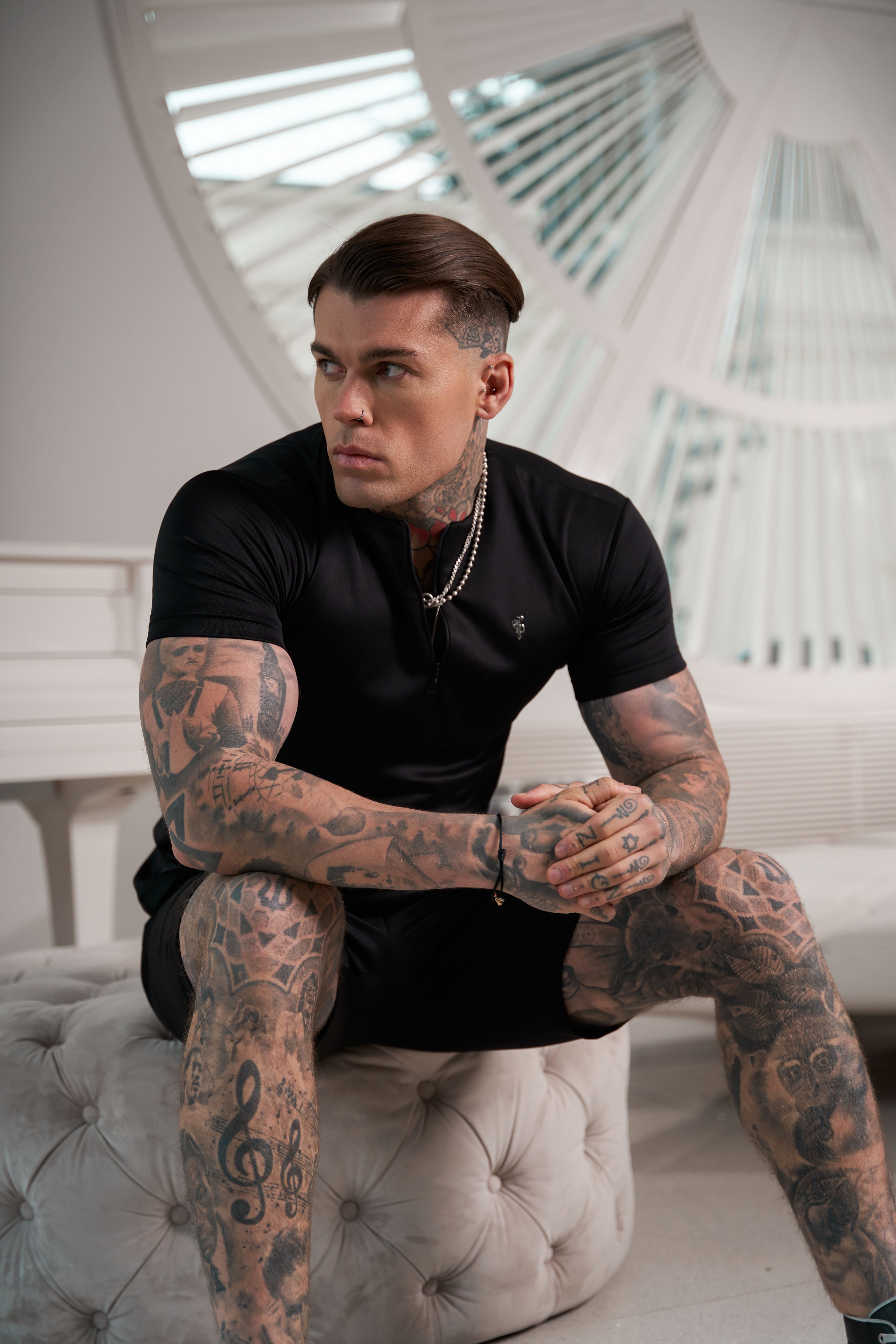 Scuba Black / Silver Crew T Shirt With Zip Detail Short Sleeve - FSH1032