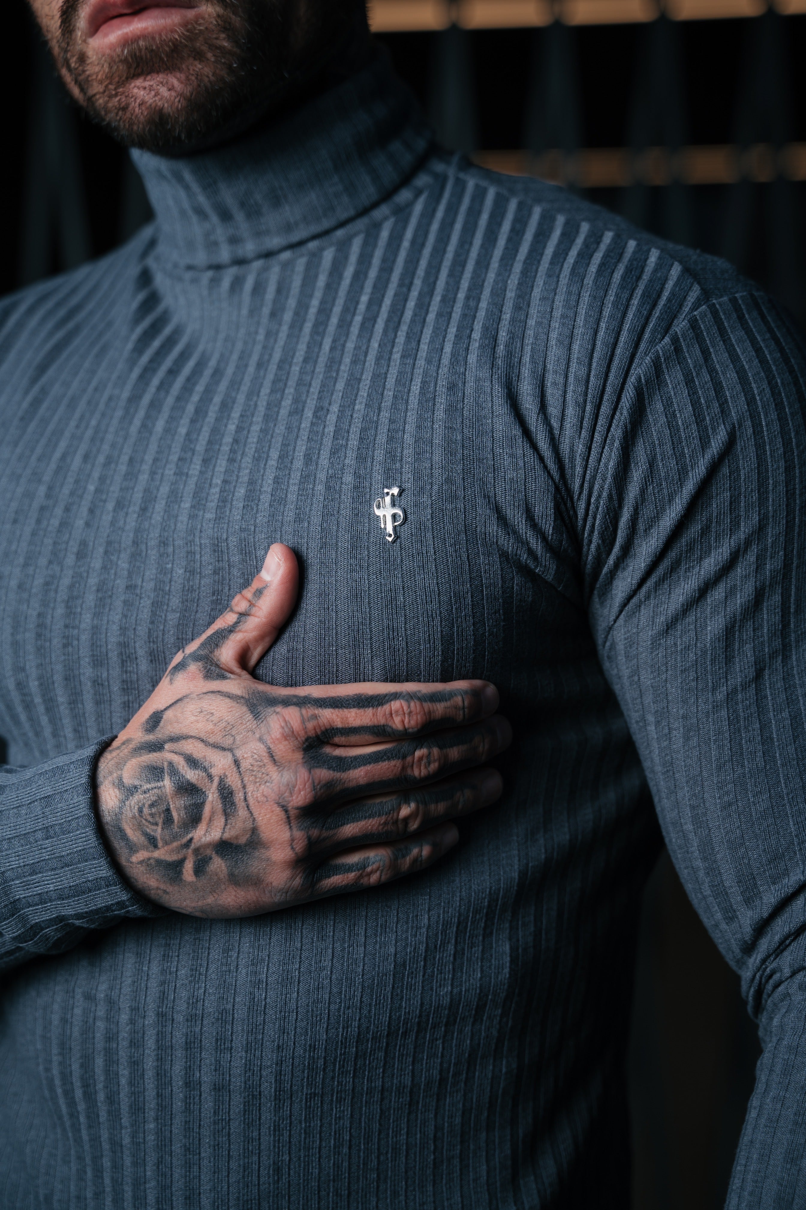Super Slim Charcoal / Silver Ribbed Knit Roll-neck Jumper - FSH955