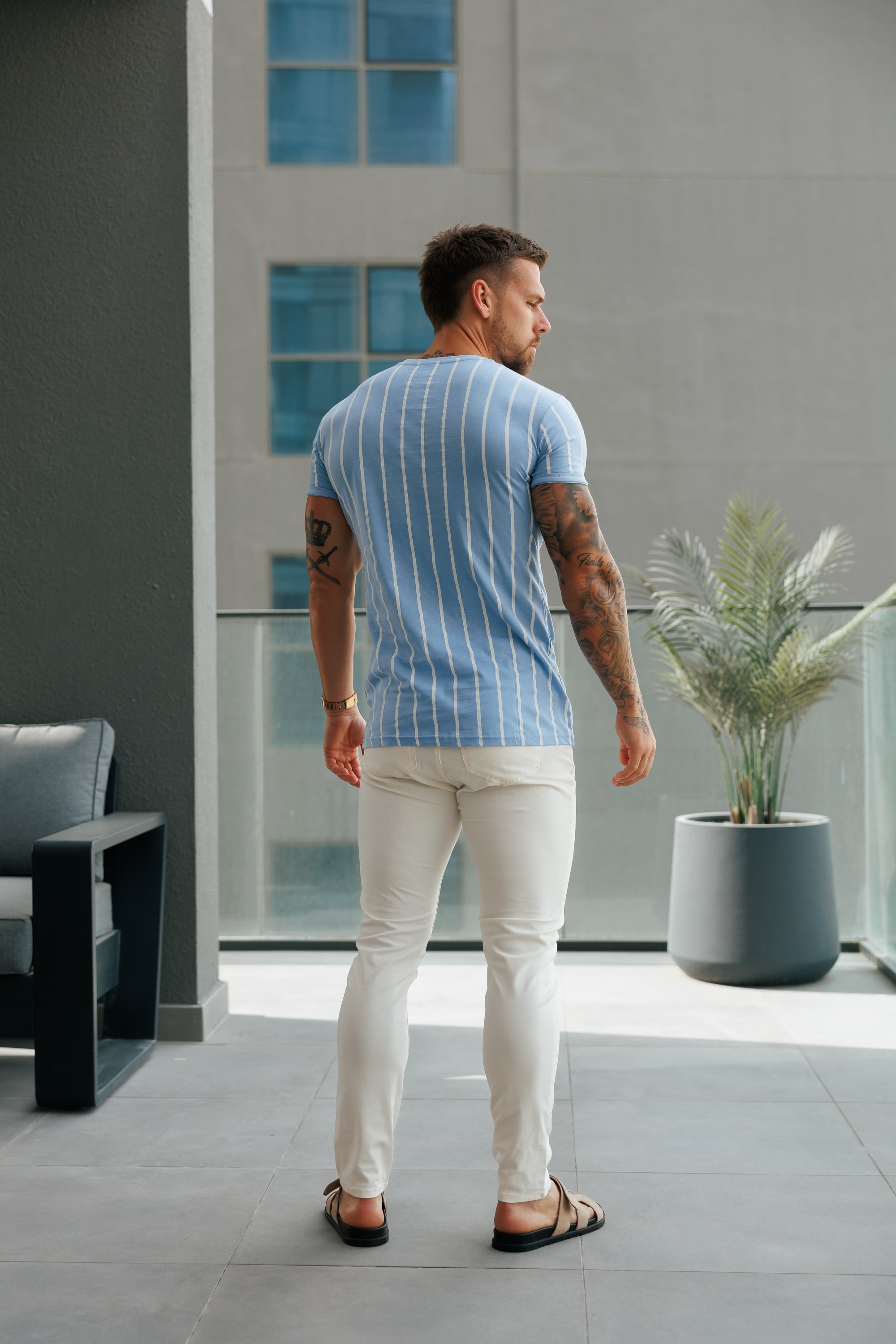 Printed Light Blue / White Stripe Fitted T Shirt - FSH1169