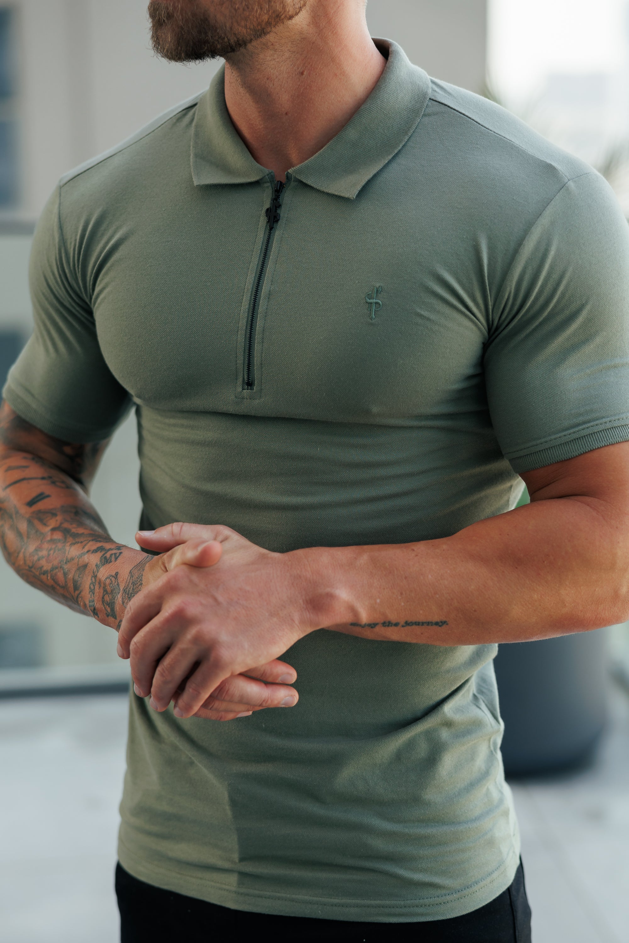 Classic Olive and Black Zipped Polo Shirt - FSH1230