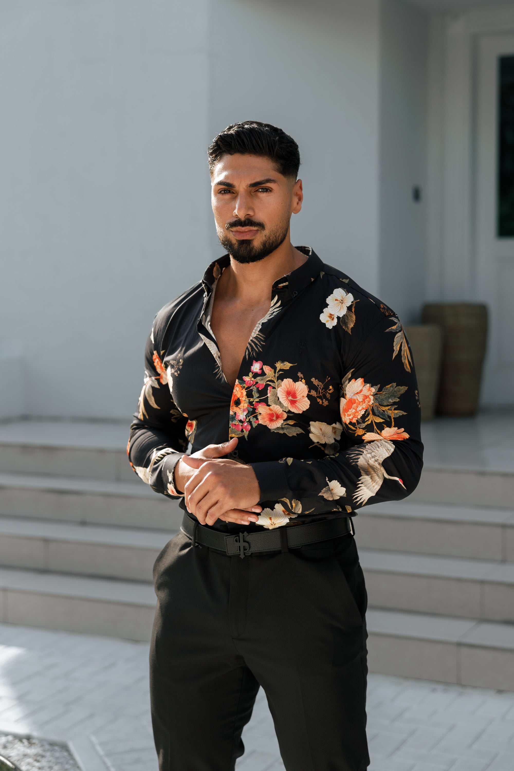 Super Slim Stretch Black Crane Print Long Sleeve with Button Down Collar - FS772