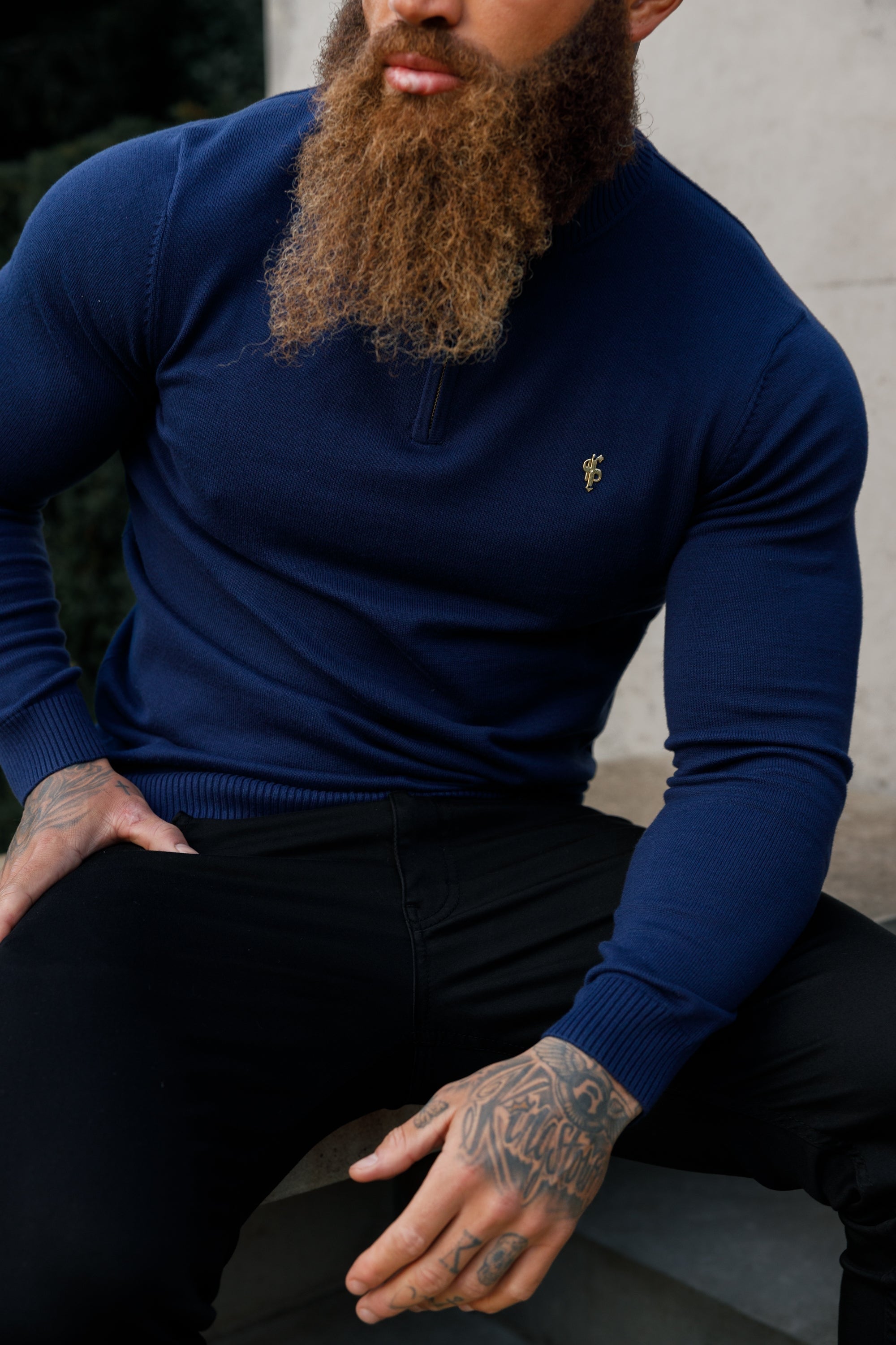 Navy Funnel Neck Knitted Jumper With FS Branding - FSN191