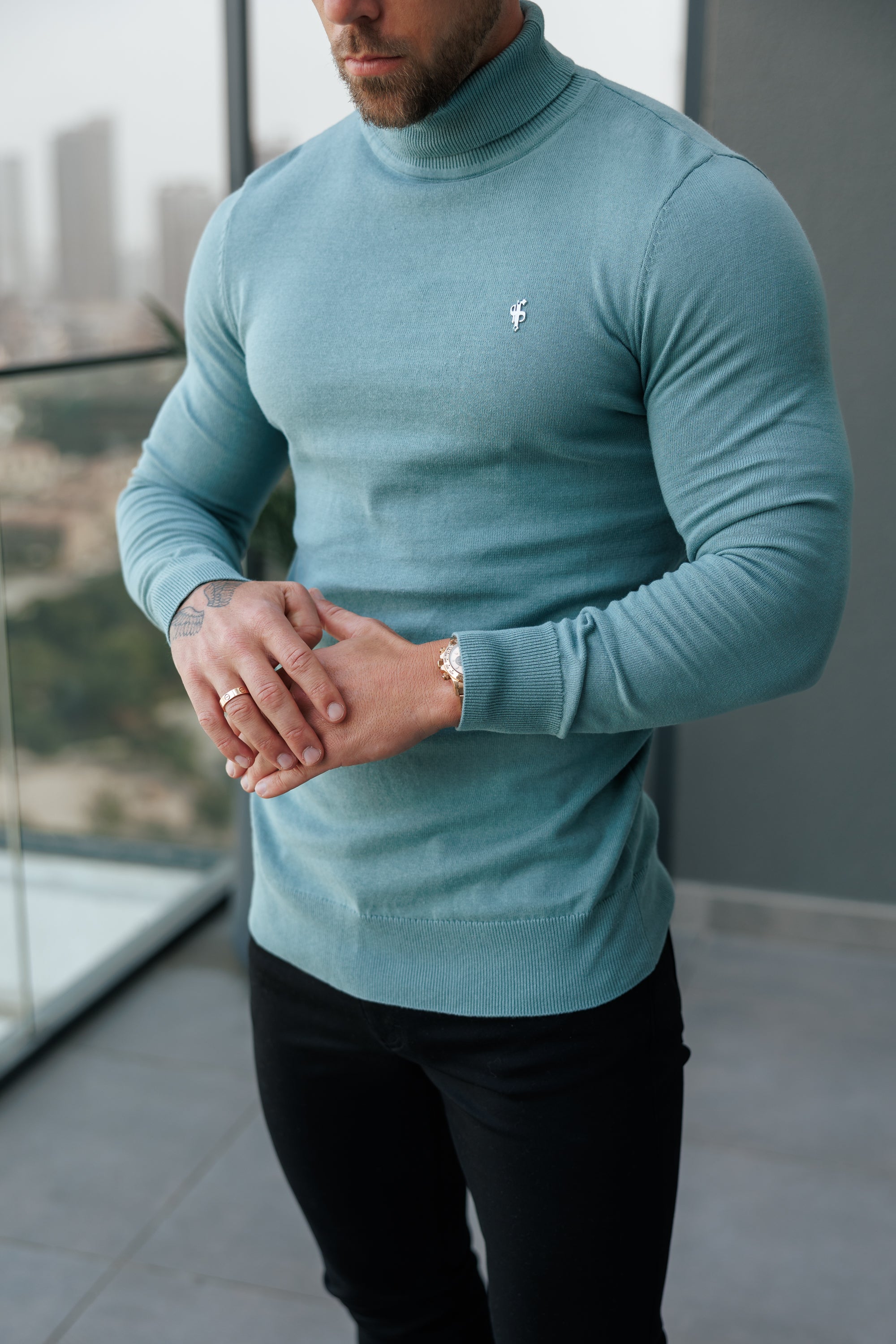 Teal Roll Neck Knitted Jumper With FS Branding - FSN205