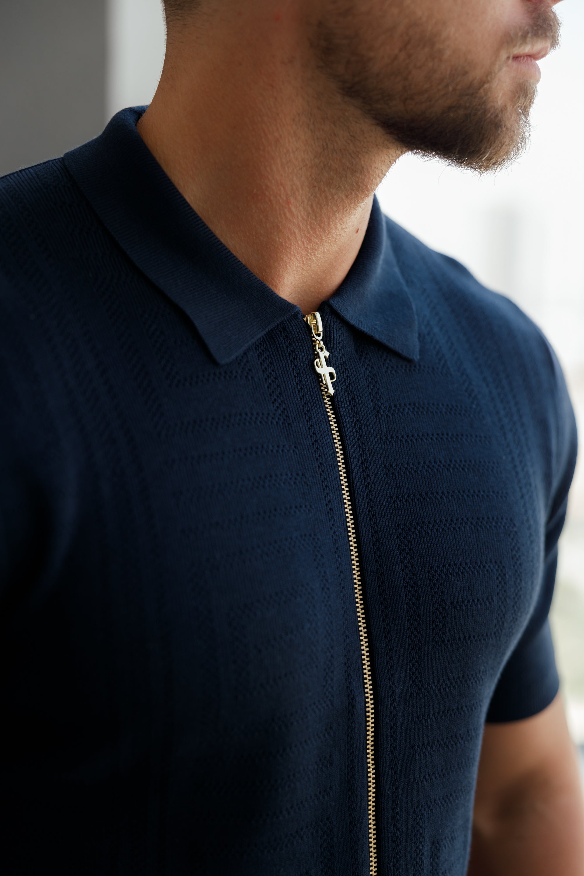 Classic Knitted Geo Design With Full Length Zip Navy Short Sleeve - FSN149