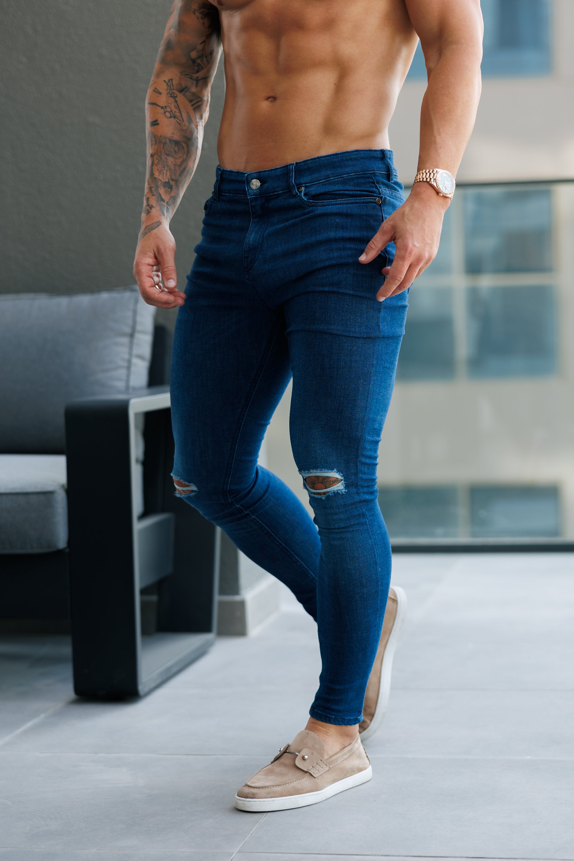 Ultra Stretch Mid Blue Slim Jeans with Knee Rips - FSJEAN011