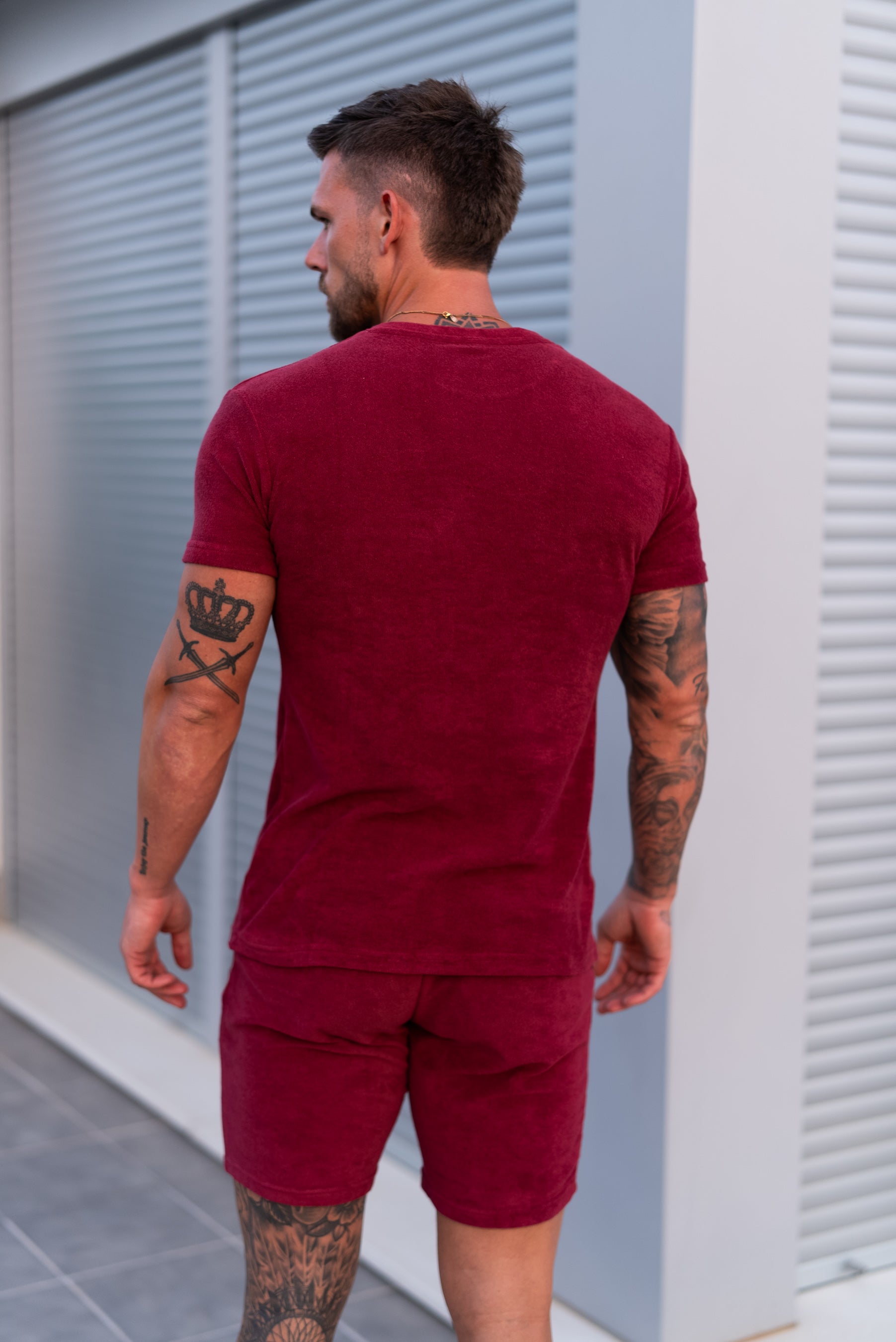 Burgundy / Gold Towelling Crew T Shirt - FSH1349