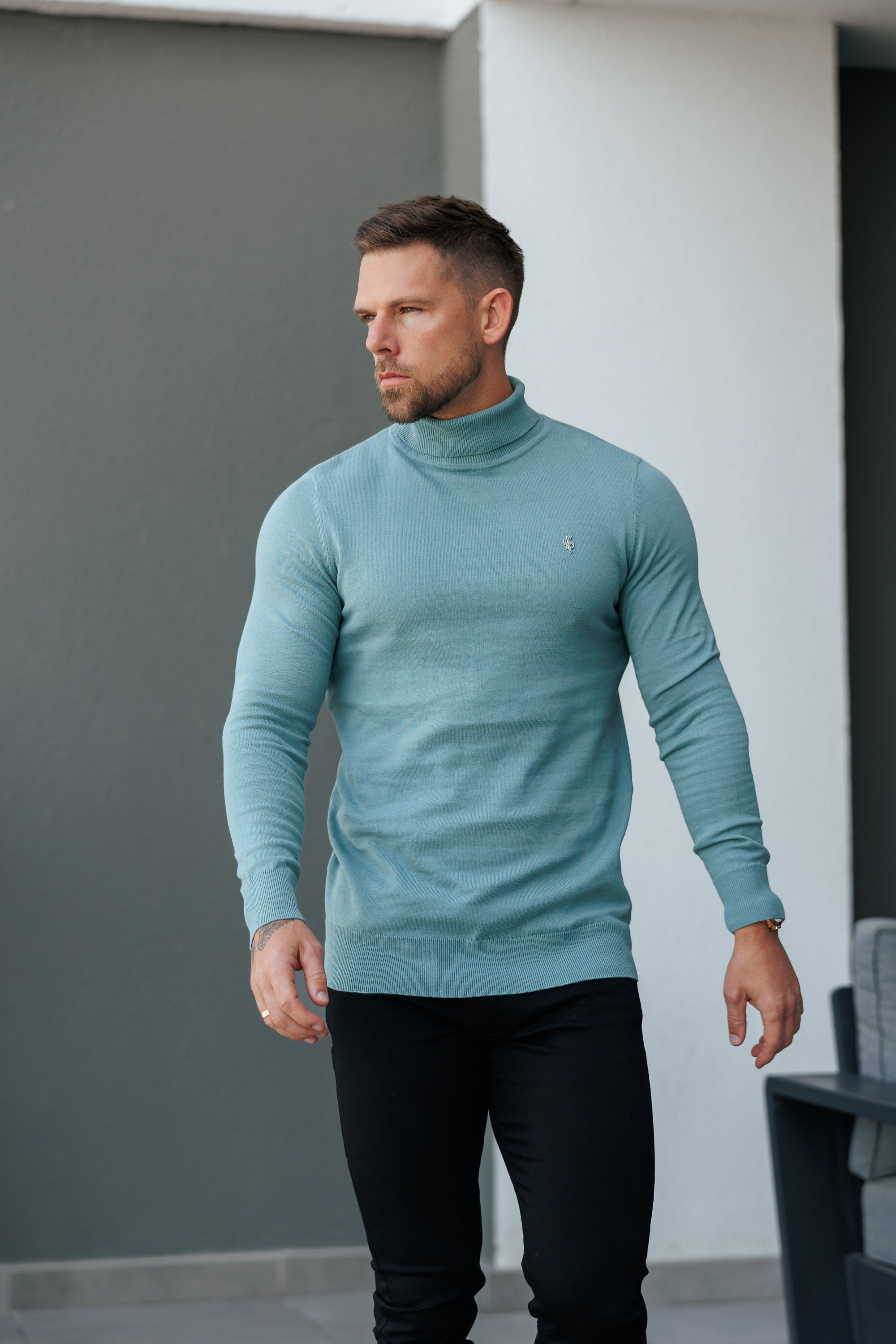 Teal Roll Neck Knitted Jumper With FS Branding - FSN205