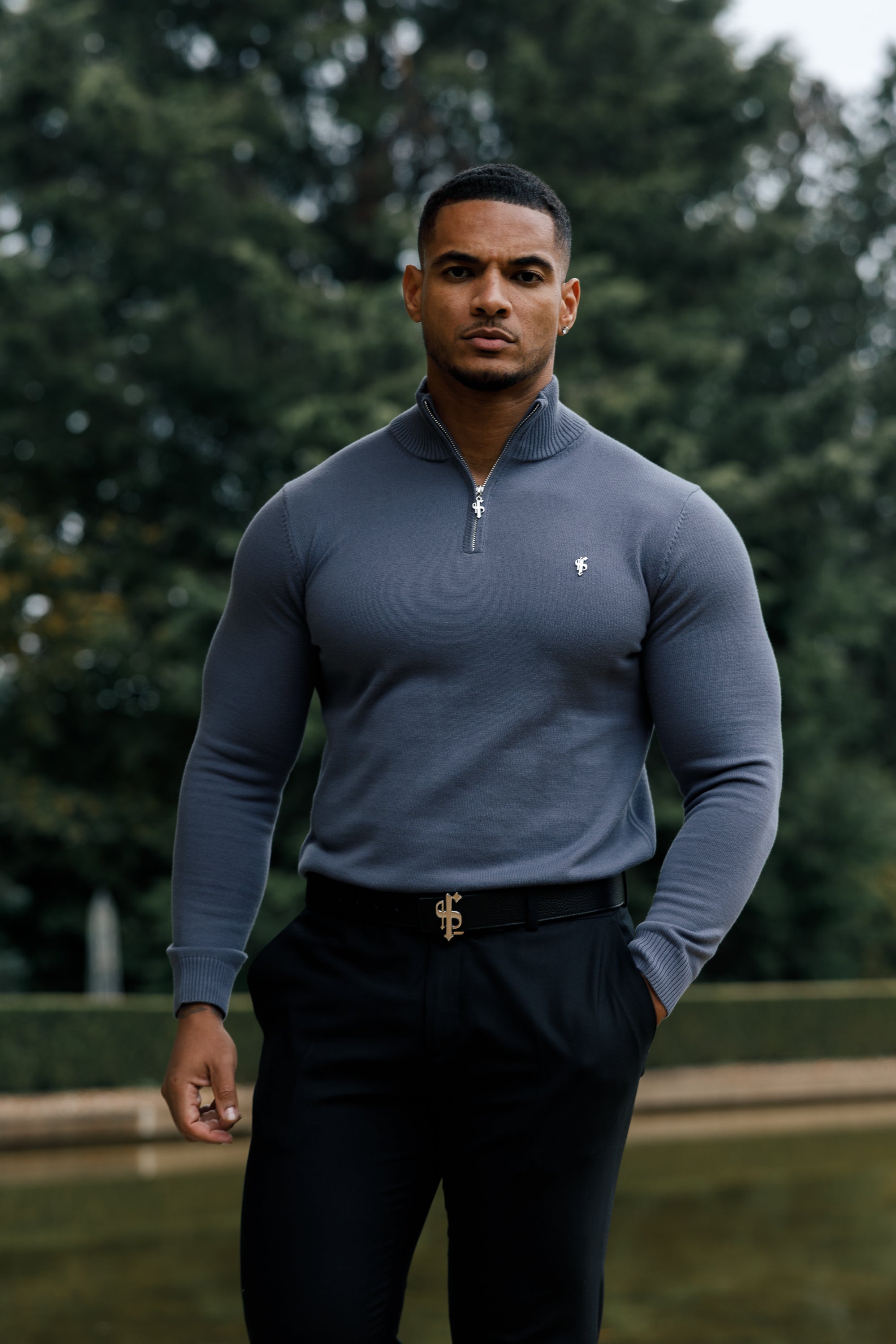 Gunmetal Funnel Neck 1/2 Zip Knitted Jumper - FSN120