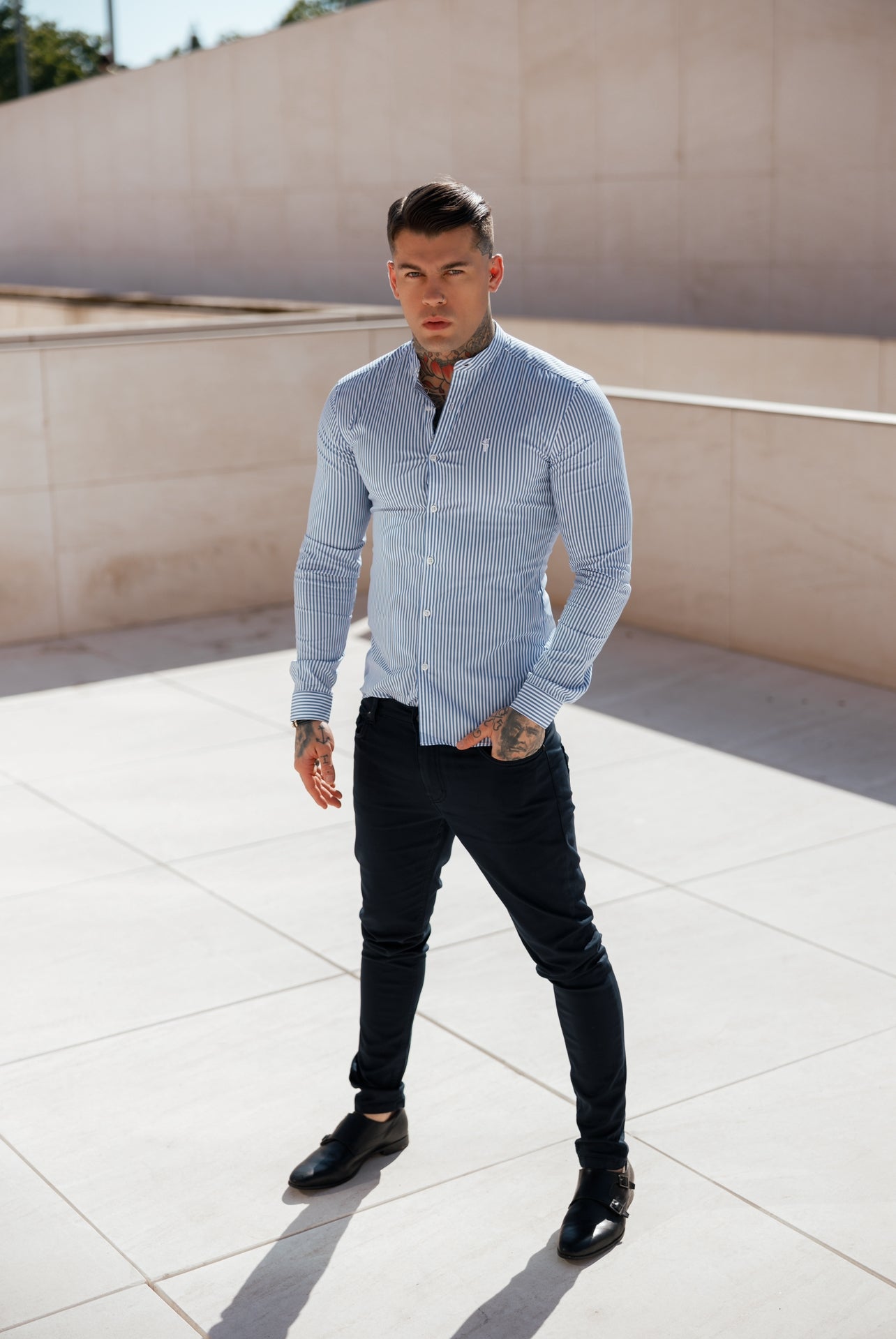 Super Slim Stretch LS Navy & White Stripe with Grandad Collar - FS1113