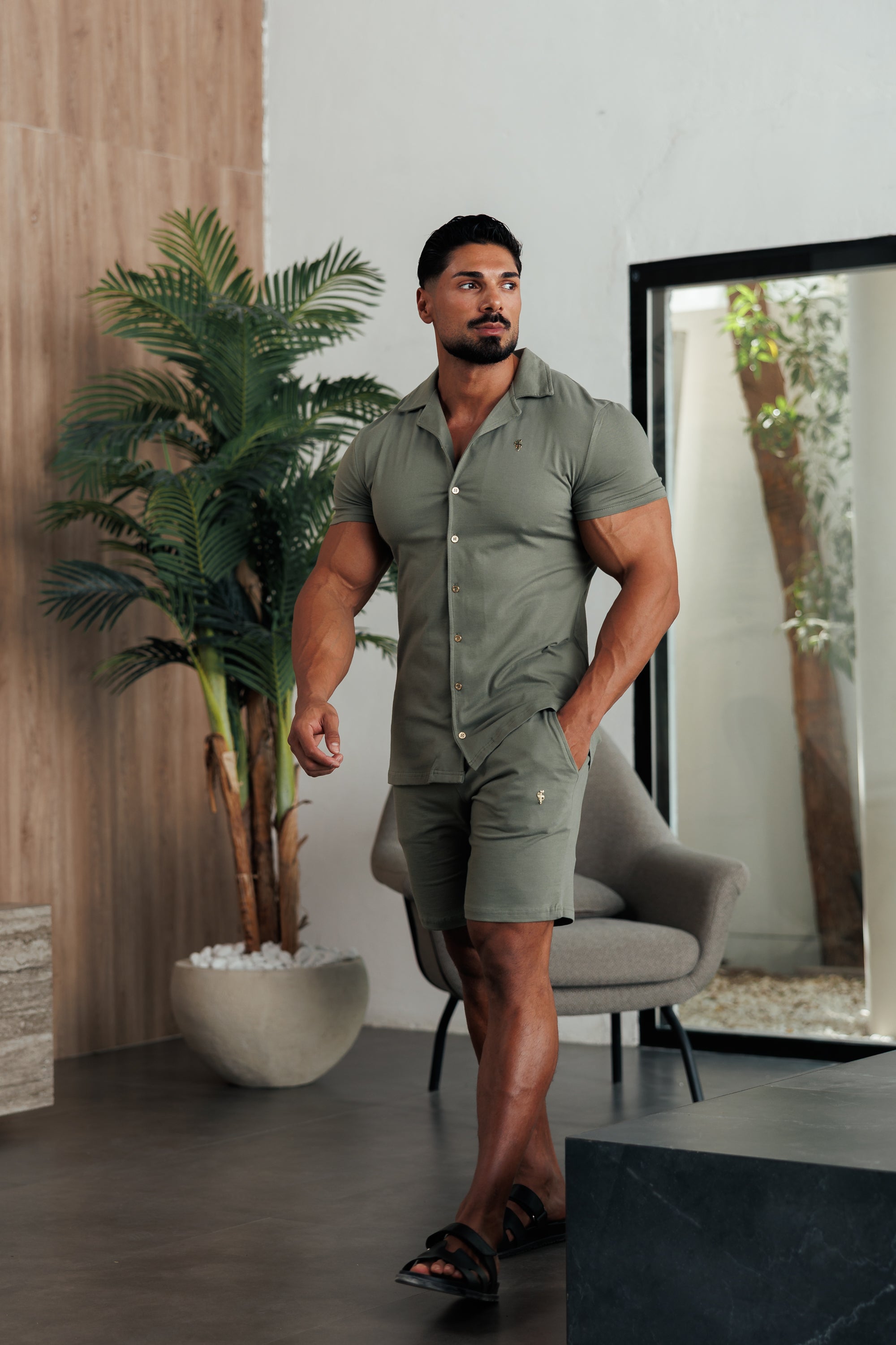 Stretch Olive / Gold Pique Revere Shirt Short Sleeve - FSH1387
