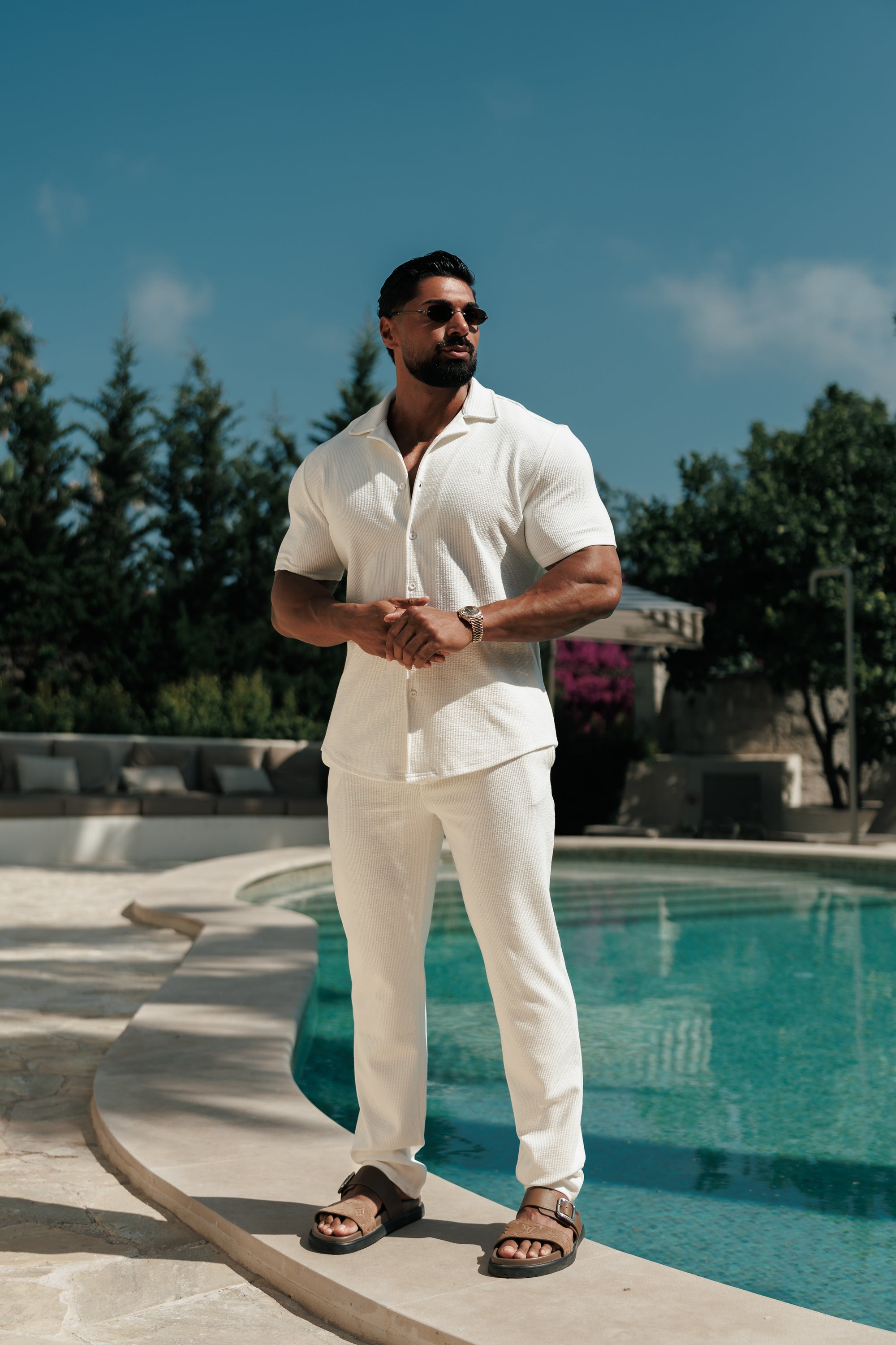 Jersey Cord Stretch White Revere Shirt Short Sleeve - FSR069 (PRE ORDER 18TH JULY)