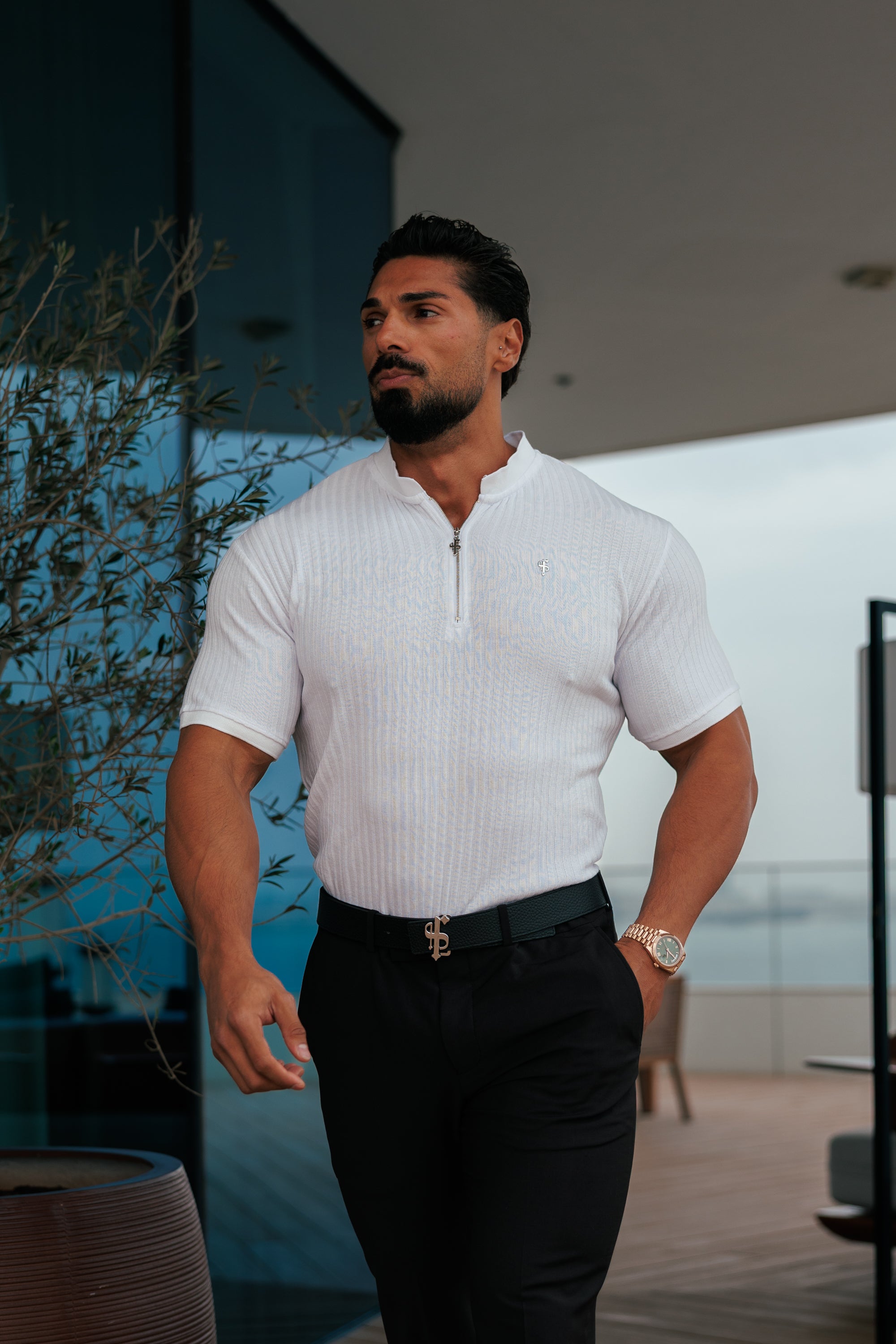 Classic White / Silver Ribbed Zip Grandad Collar Shirt Short Sleeve - FSH1447