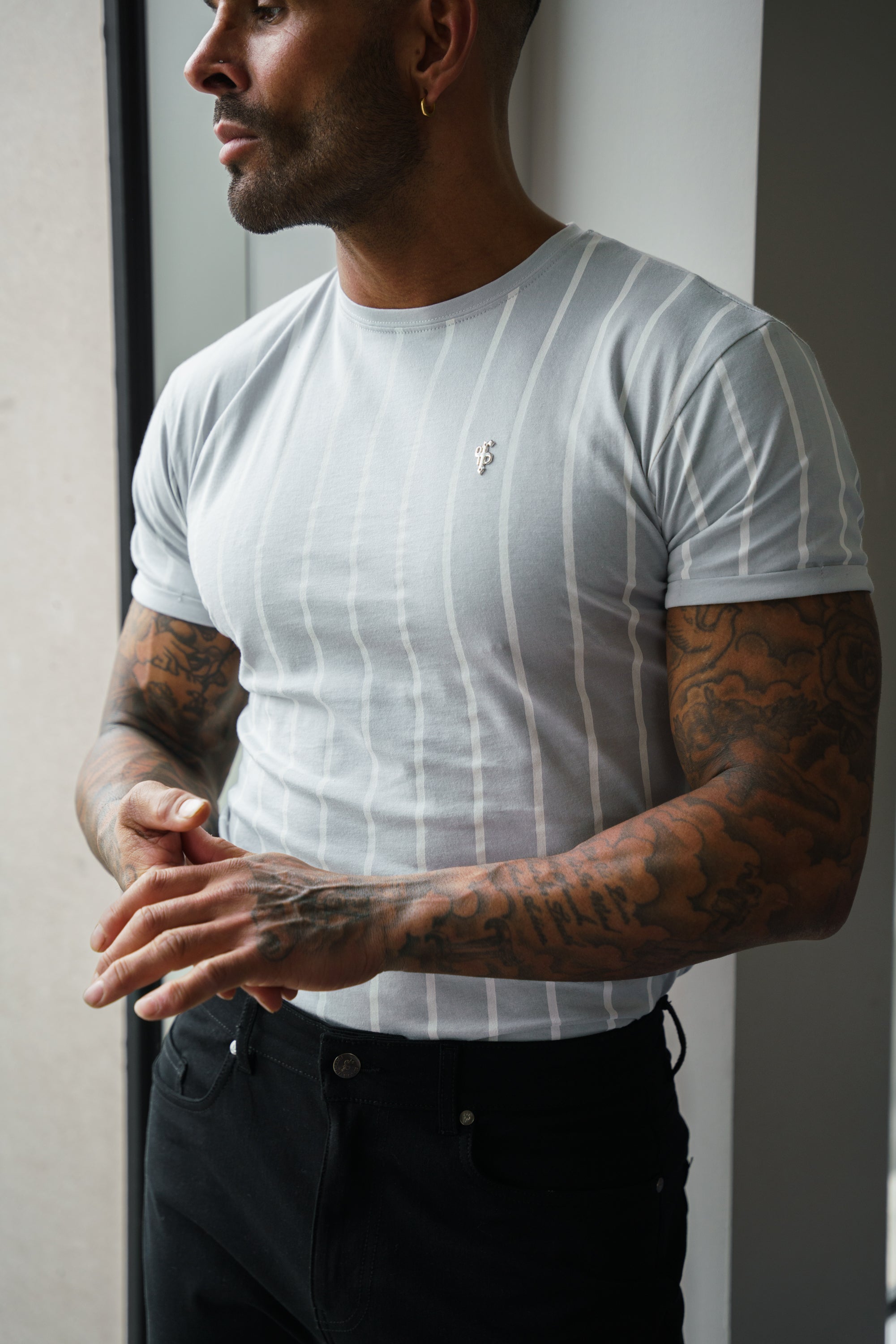 Printed Light Grey / White Stripe Fitted T Shirt - FSH1172