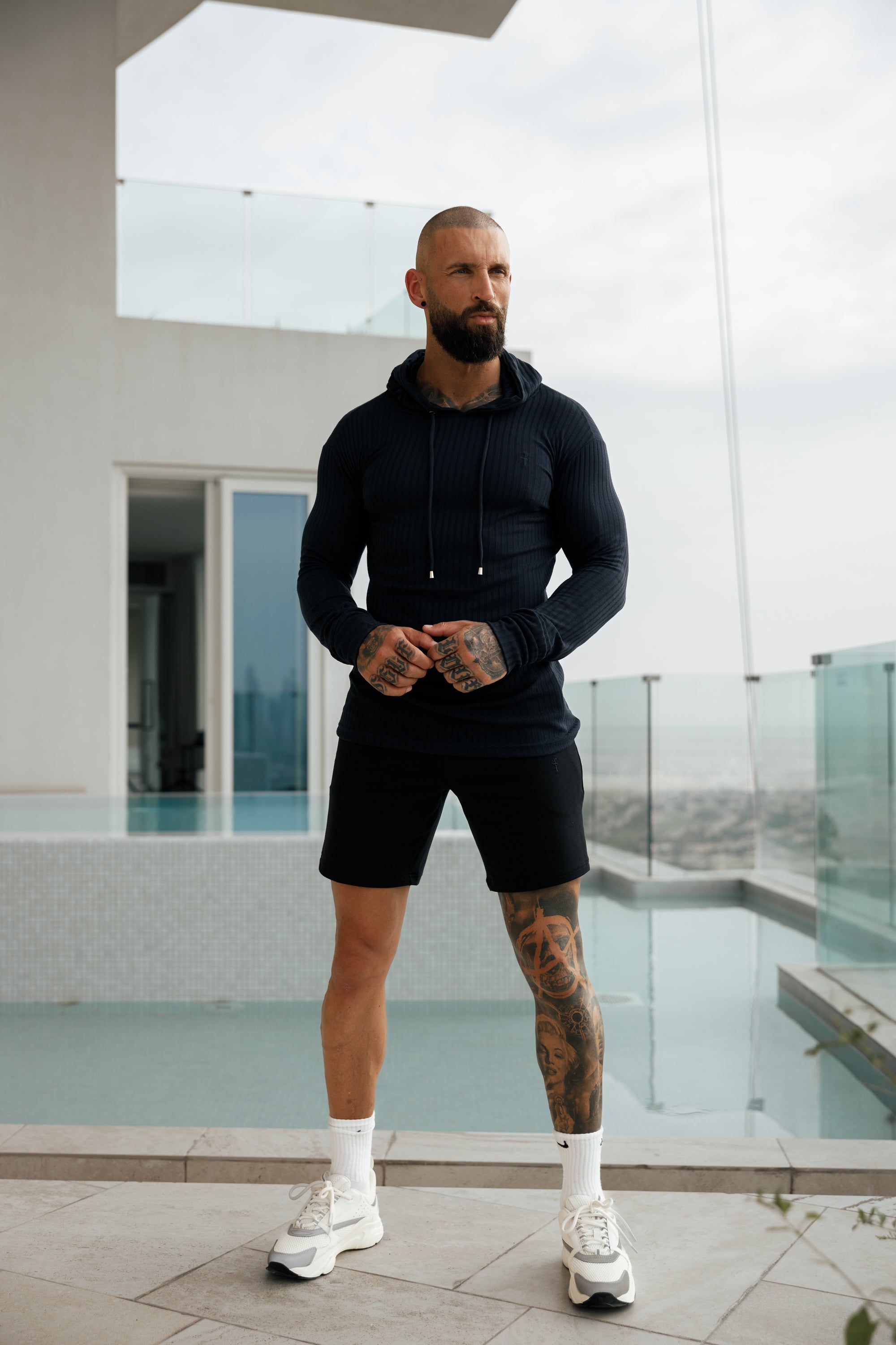Classic Navy Ribbed Knit Hoodie Jumper - FSH904