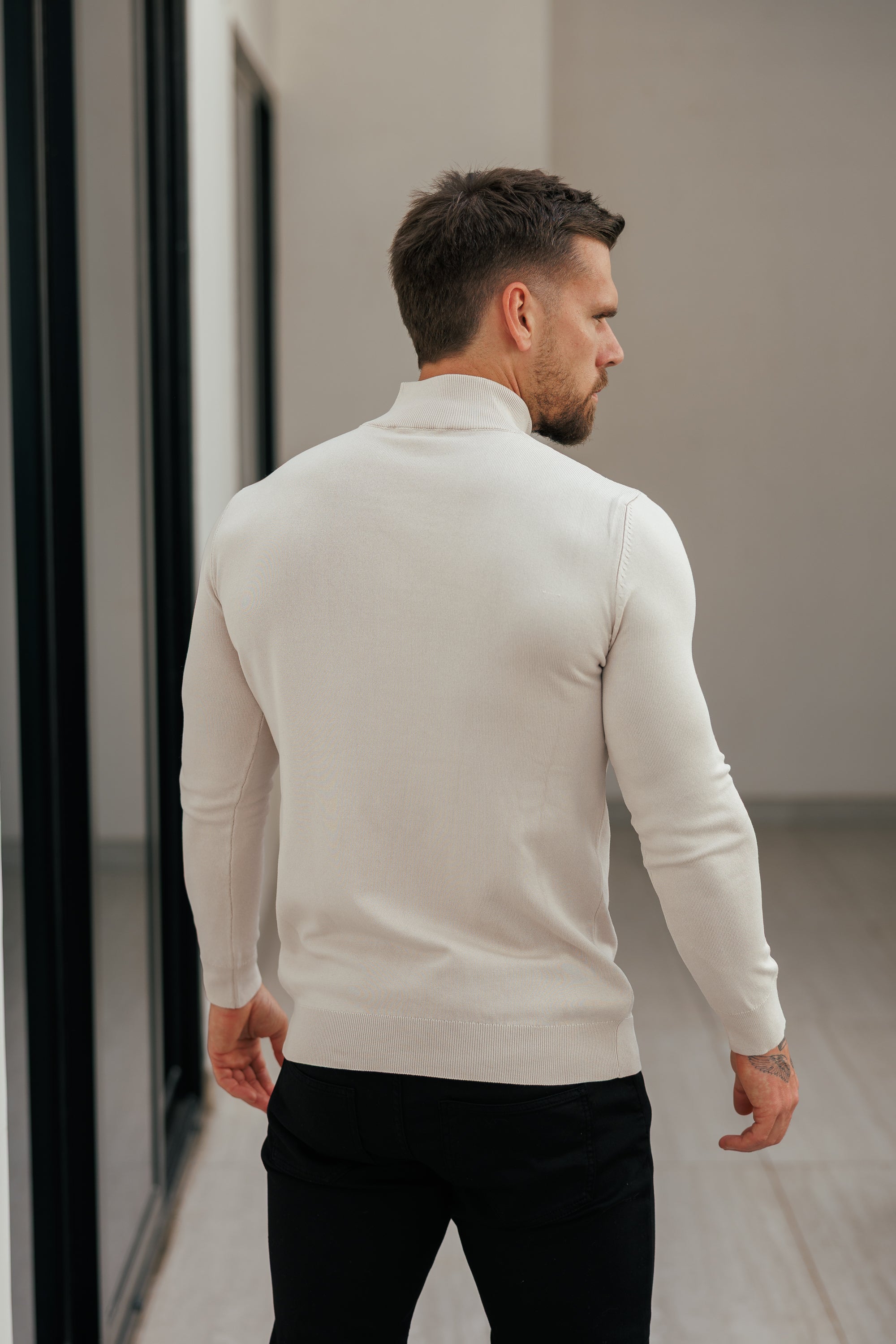 Self Stripe 1/4 Zip Funnel Neck Knit Jumper Cream Long Sleeve - FSR052