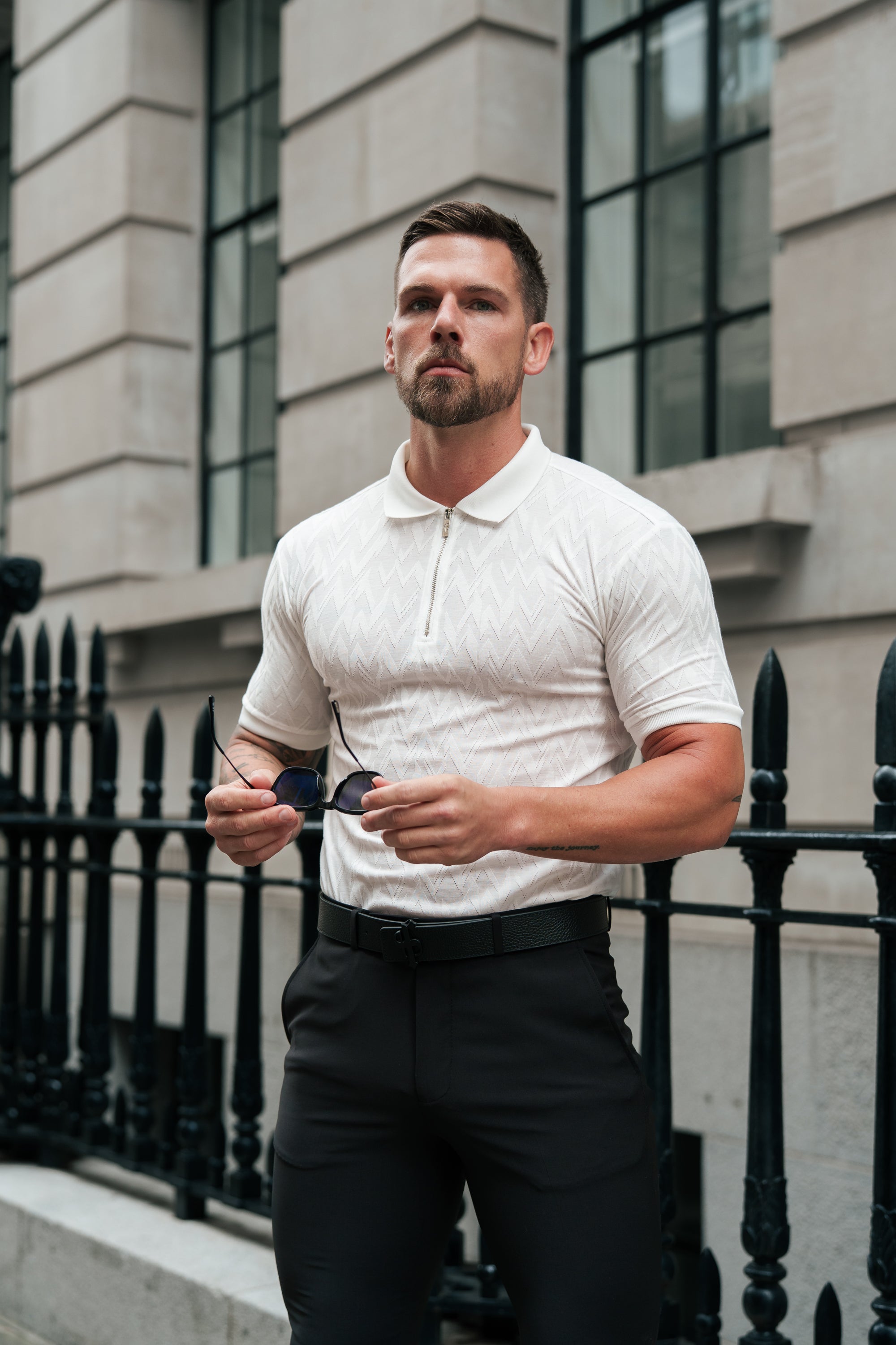 Classic Jacquard White Chevron Zipped Polo - FSR020