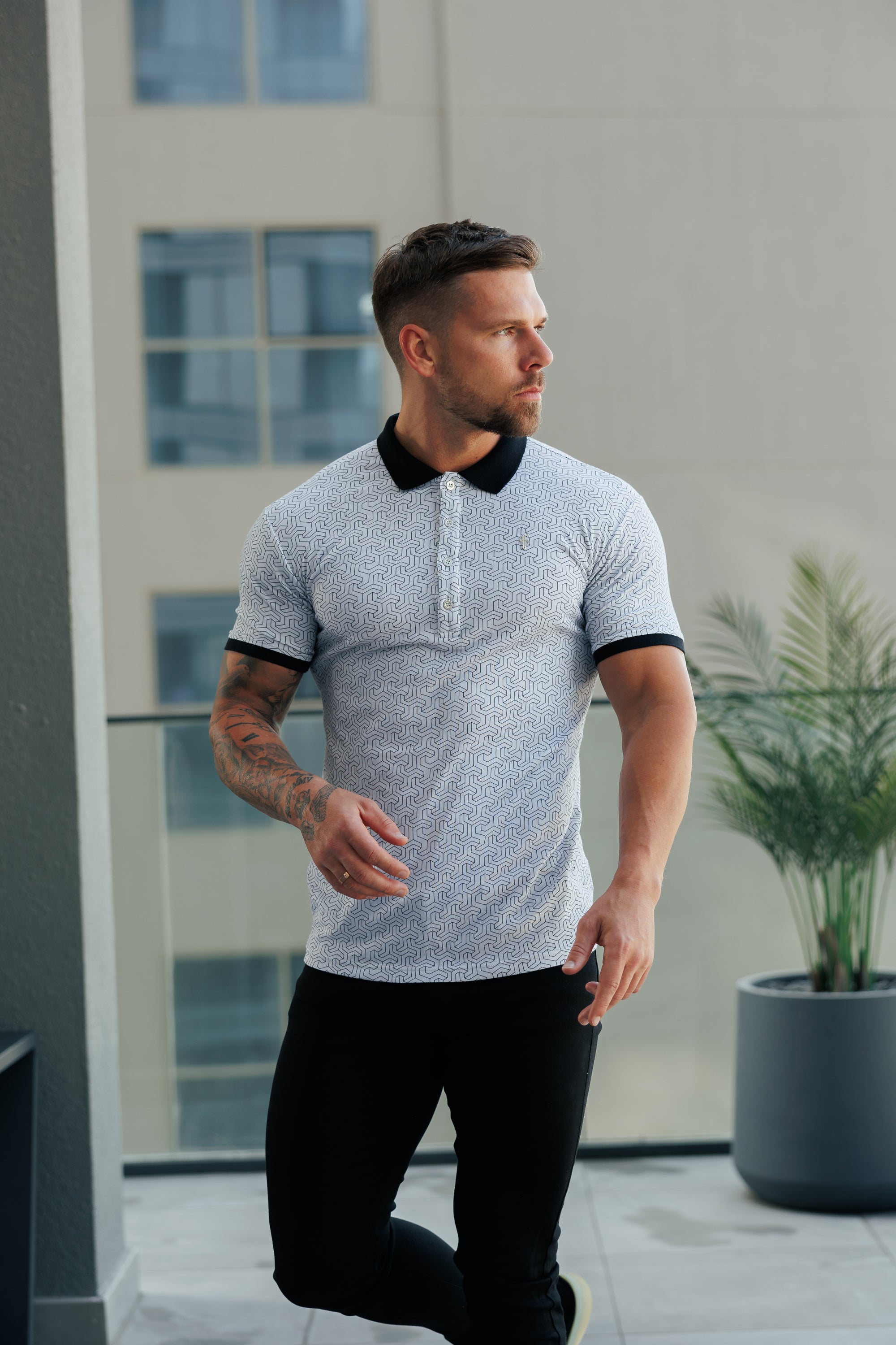 Grey / Black Geo Printed Polo Shirt - FSH1236