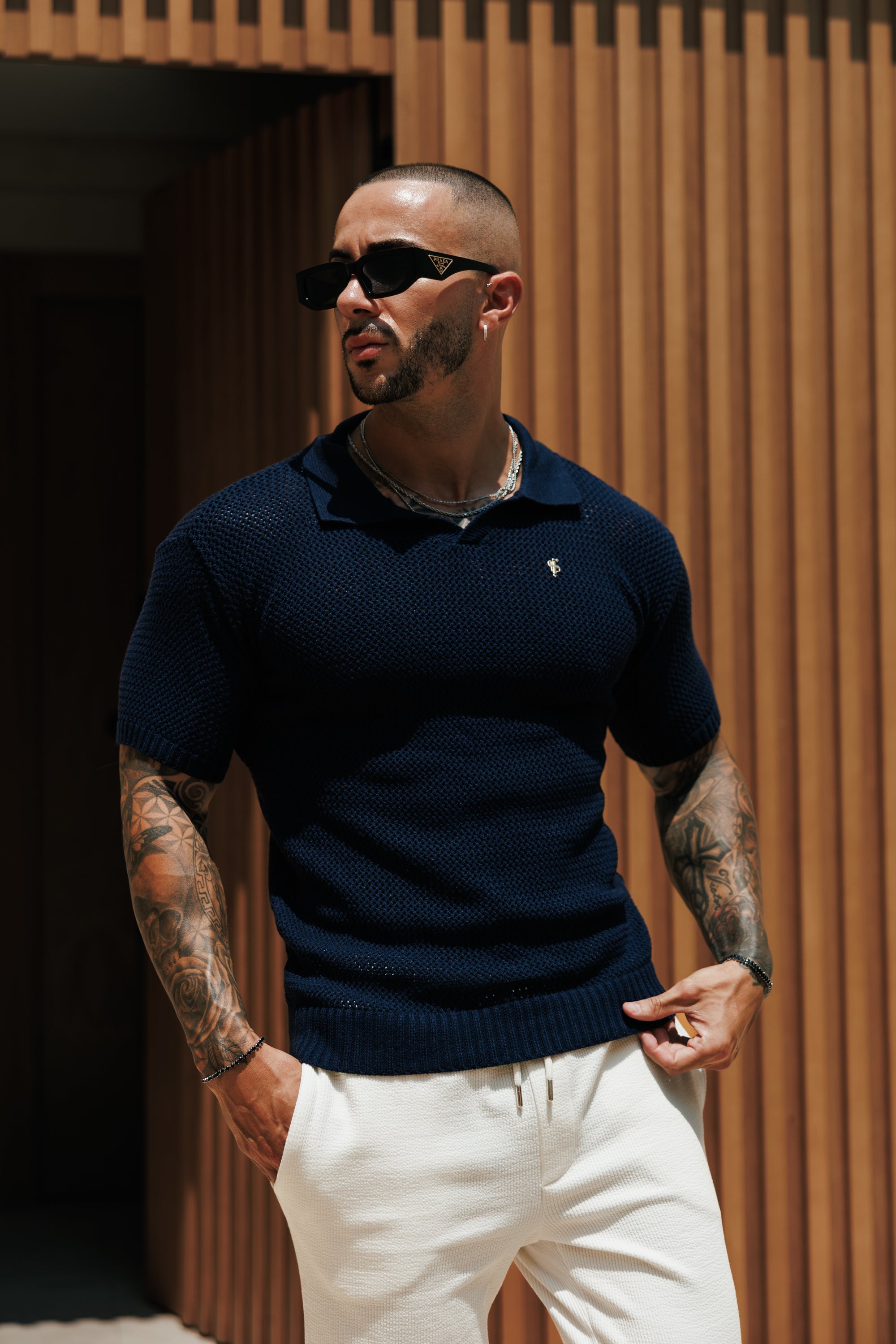 Navy / Gold Plain Crochet Knitted Revere Short Sleeve Polo - FSJ179