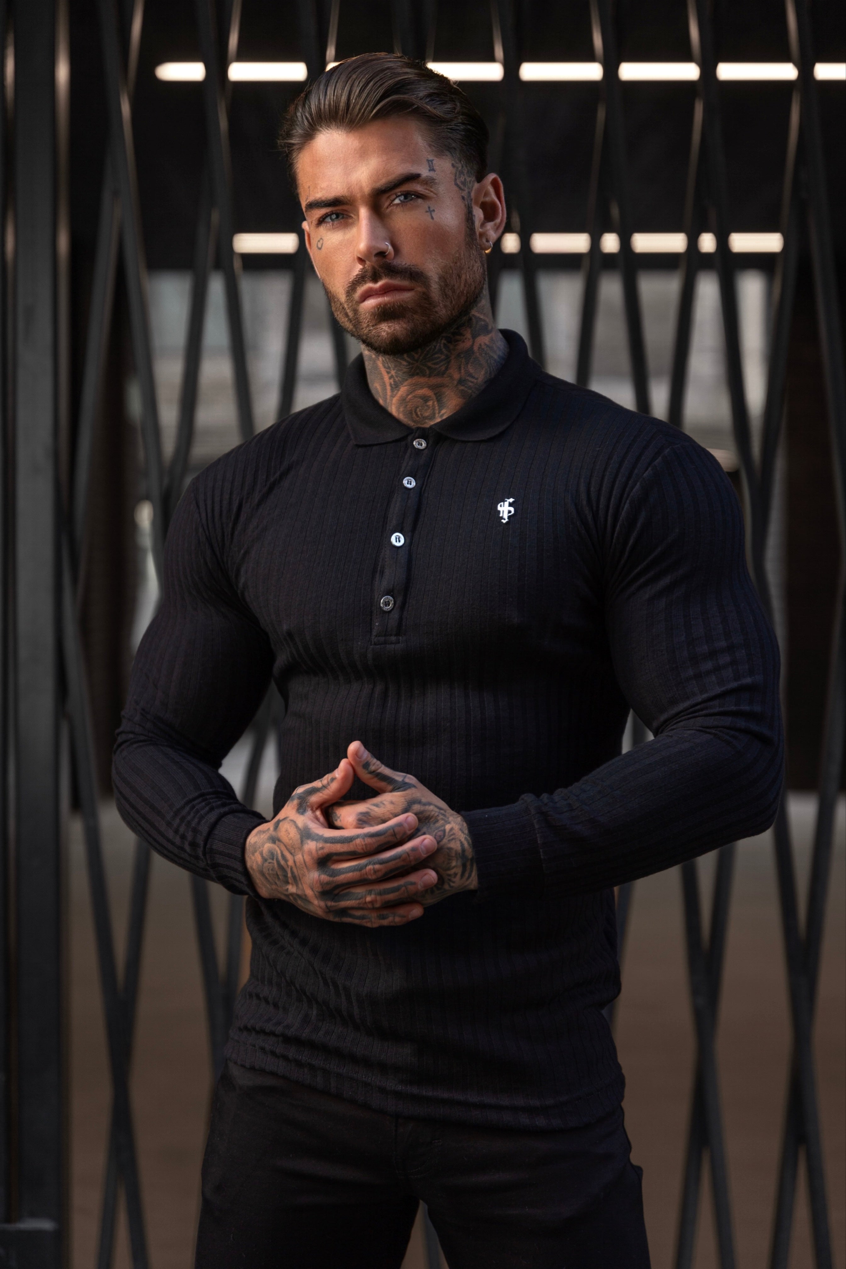 Classic Black Ribbed Polo Shirt Long Sleeve With Silver Decal - FSH967