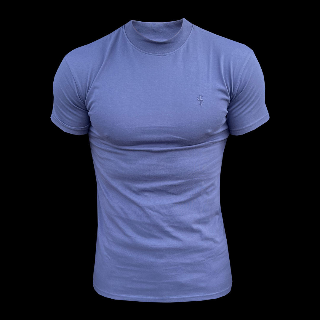 Ribbed High Neck Crew Short Sleeve Light Navy - FSH1009