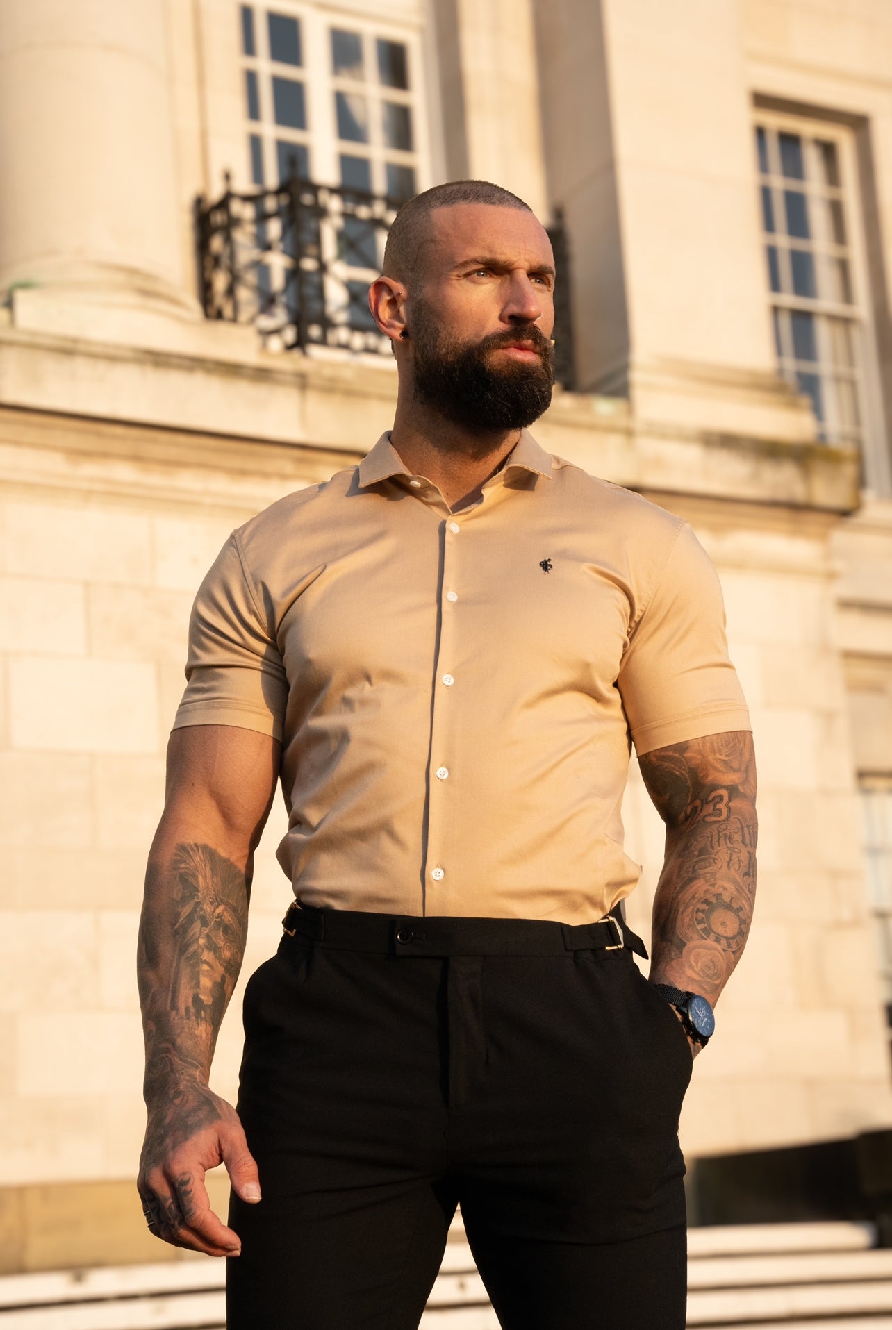 Super Slim Stretch Vintage Beige Side Panel Shirt SS - FS1138