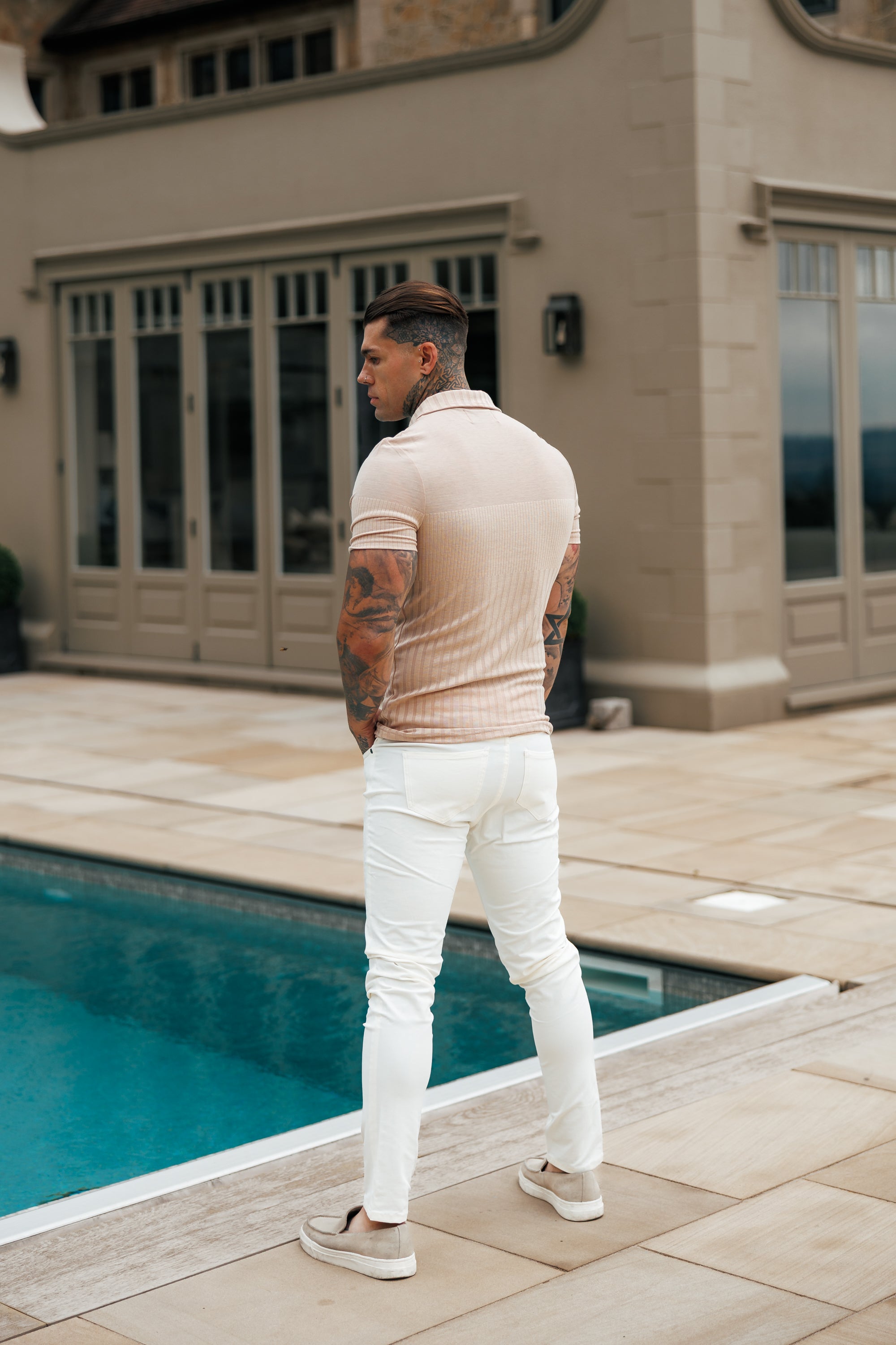 Jersey Revere Vertical Stripe Beige Shirt Short Sleeve - FSR026