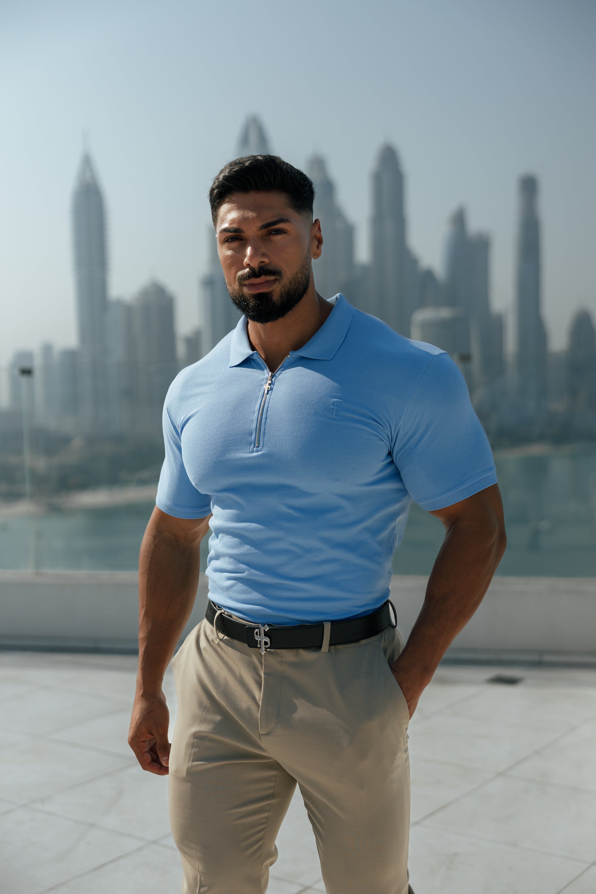 Classic Light Blue and Silver Zipped Polo Shirt - FSH856