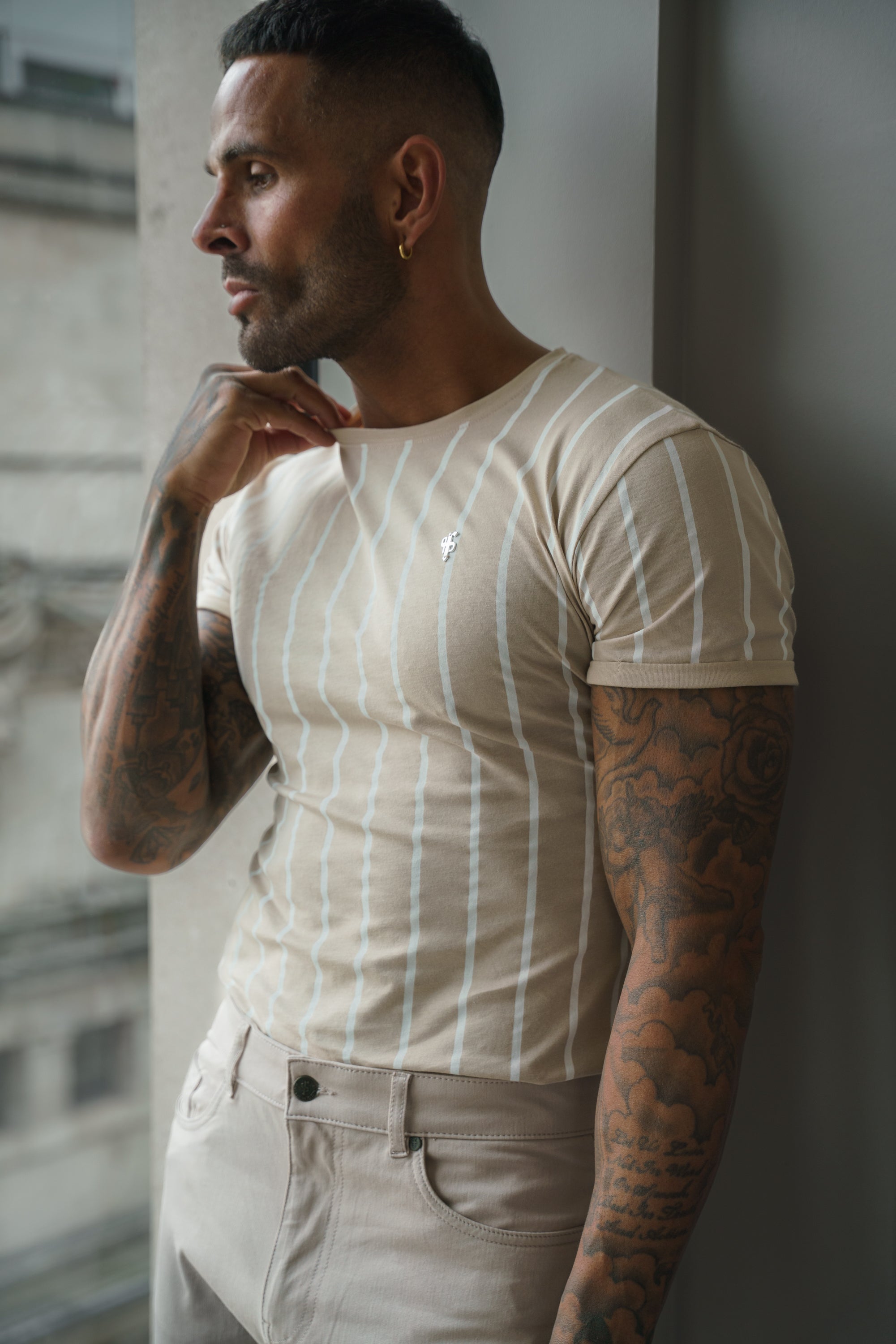 Printed Taupe / White Stripe Fitted T Shirt - FSH1170