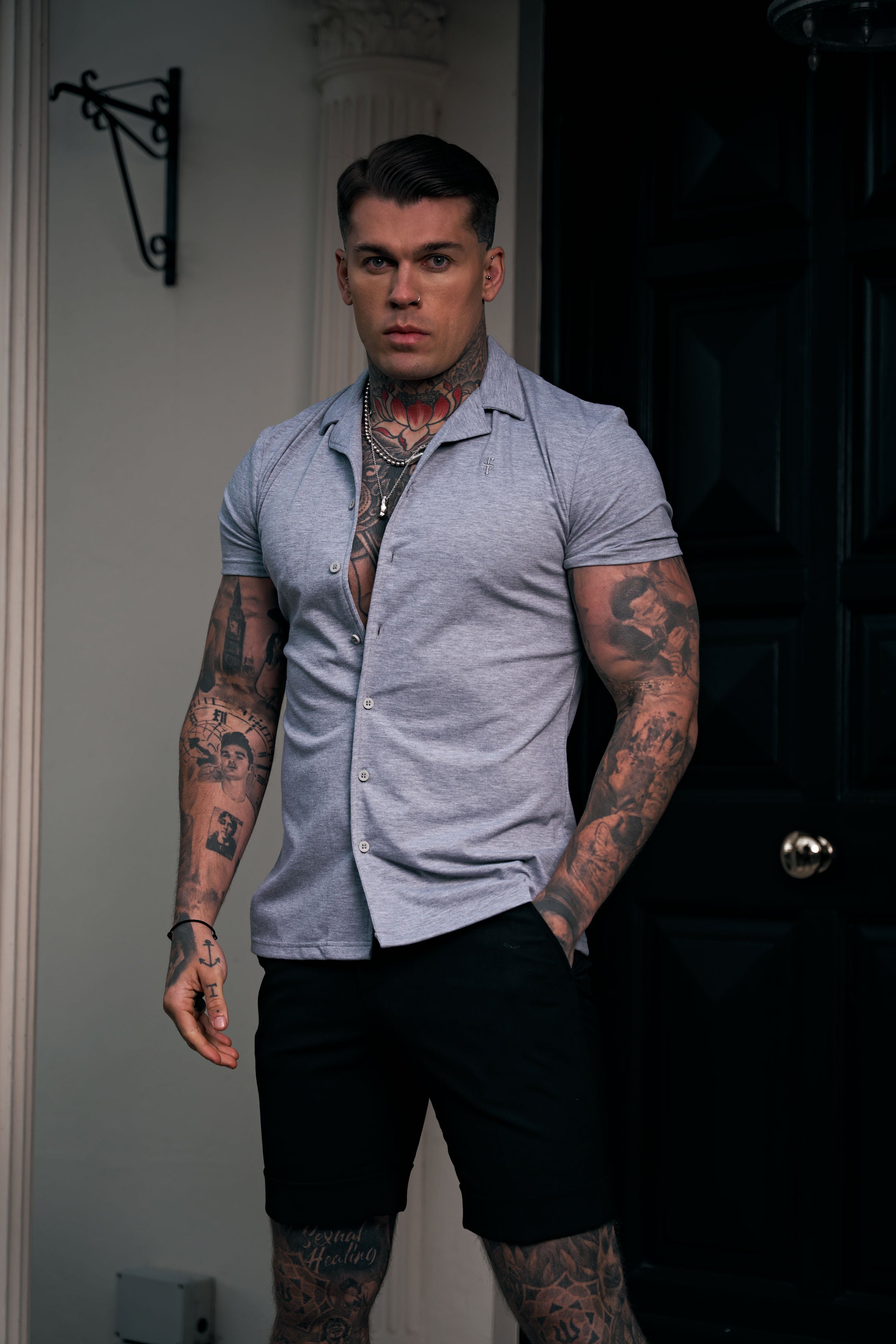 Stretch Light Grey Pique Revere Shirt Short Sleeve - FSH1072