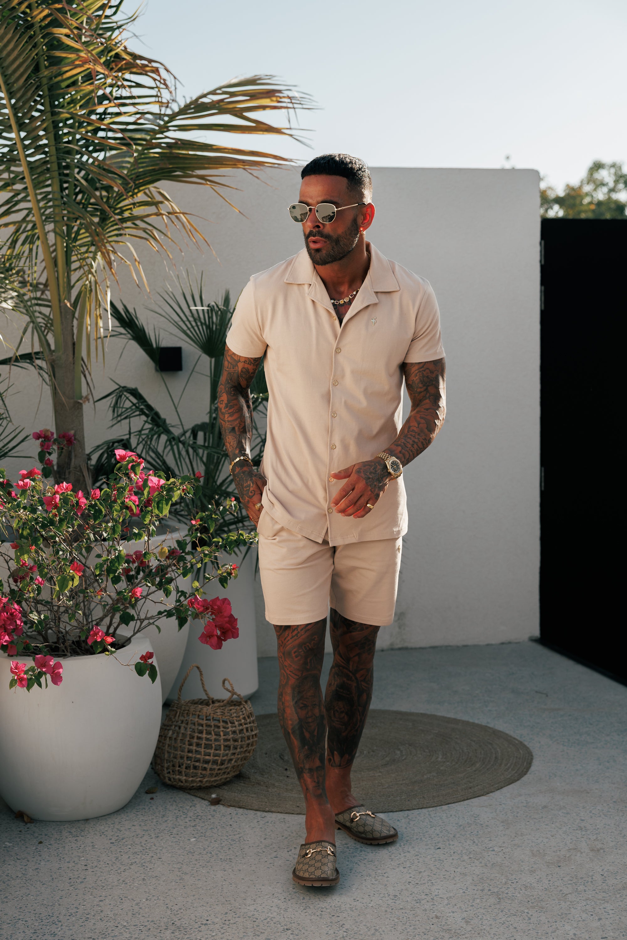 Stretch Beige / Gold Pique Revere Shirt Short Sleeve - FSH1075