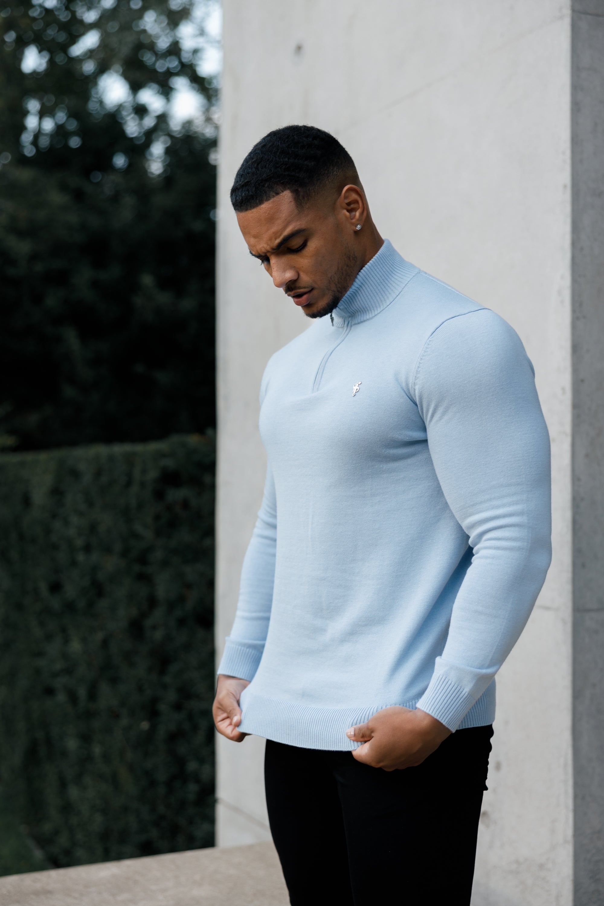 Light Blue Funnel Neck 1/2 Zip Knitted Jumper - FSN119