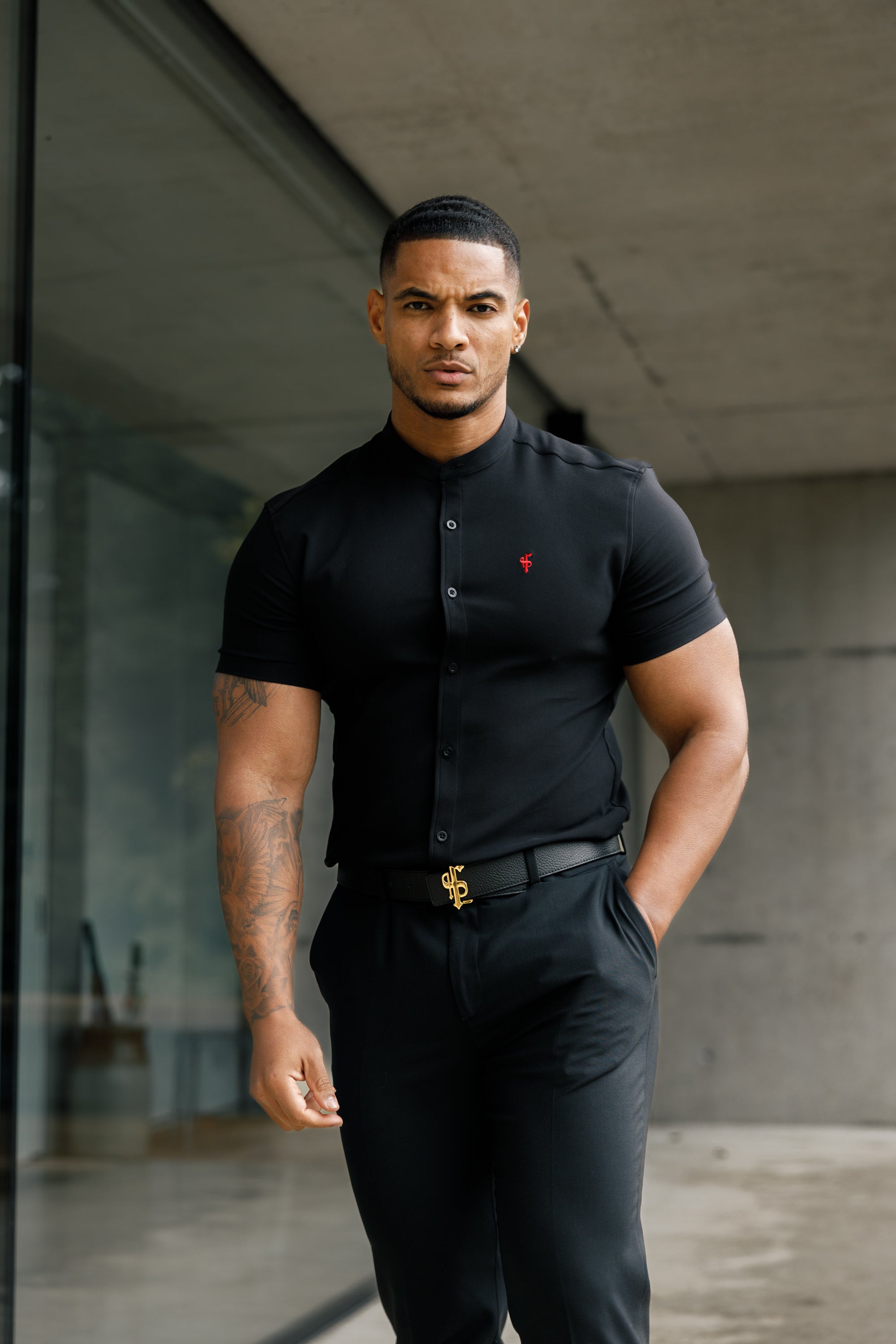 Super Slim Scuba Black Short Sleeve Stretch With Grandad Collar - FS930